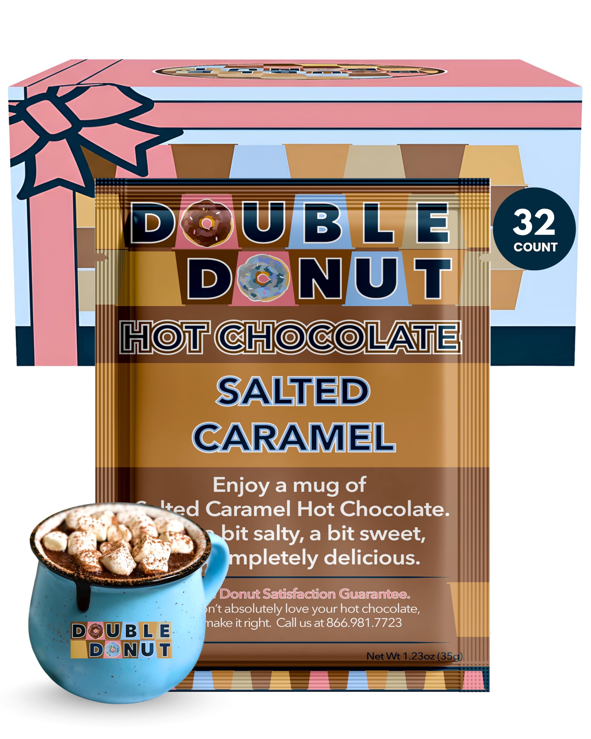Double Donut Flavored Hot Chocolate Packets, Salted Caramel, Salted Caramel Hot Chocolate, Hot Cocoa Mix, 32 Count (Pack of 1)