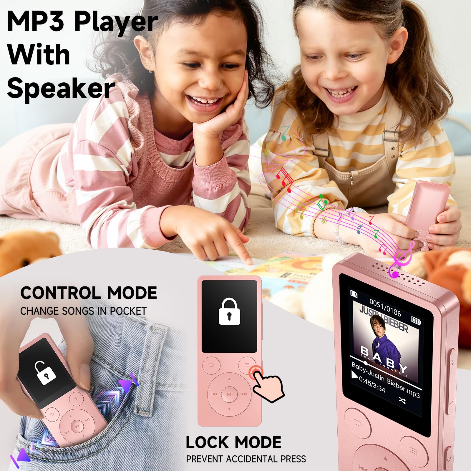 32GB Lettore MP3 Bluetooth 5.3 & Altoparlante – Aggiornamento con Tasti Fisici (Indietro, Menu, Volume), Solo 37g con Cuffie, Radio FM, Registratore Vocale, Design Mini, Espandibile fino a 128GB