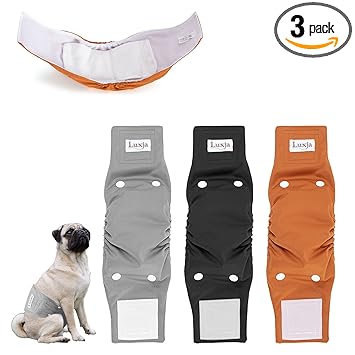 LUXJA Reusable Male Dog Diapers with Extra Detachable Diaper Pad (3 Pack), Washable Male Dog Belly Bands (Black + Gray + Brown, S)