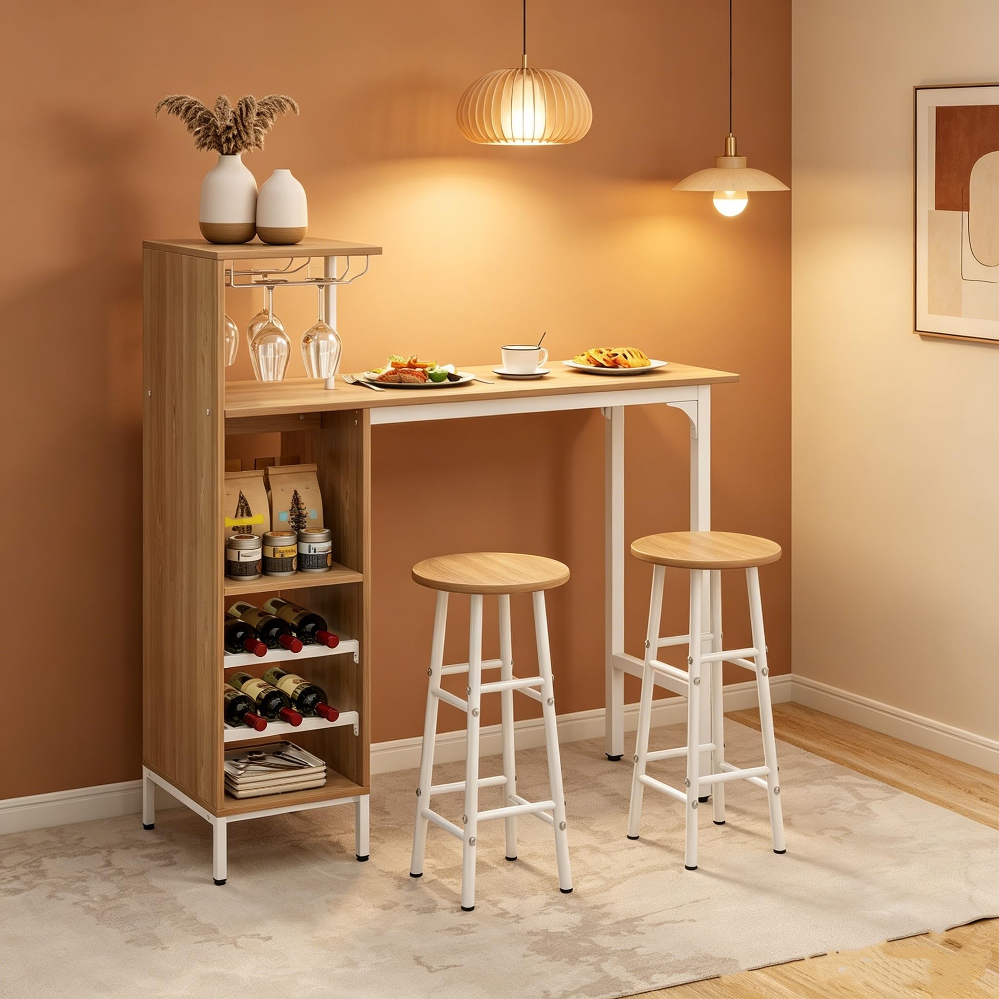 LIFEZEAL Lot Table Bar avec 2 Tabourets, Mange-Debout et Chaises avec Repose-Pieds, Table à Manger avec Porte-gobelet et 5 Étagères, Table Bistrot Acier Industriel, Charge 150kg (Naturel)