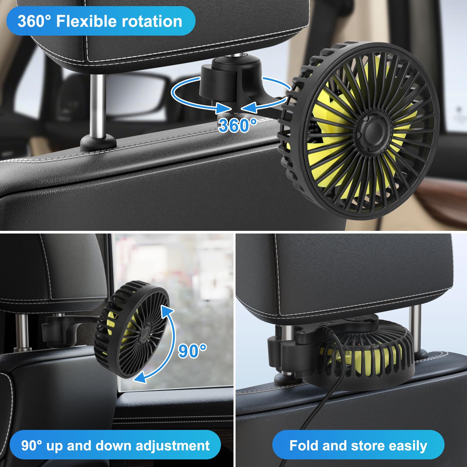 Wentylator samochodowy 5V USB 3 prędkości regulowany obracany 360° przenośny chłodzący
