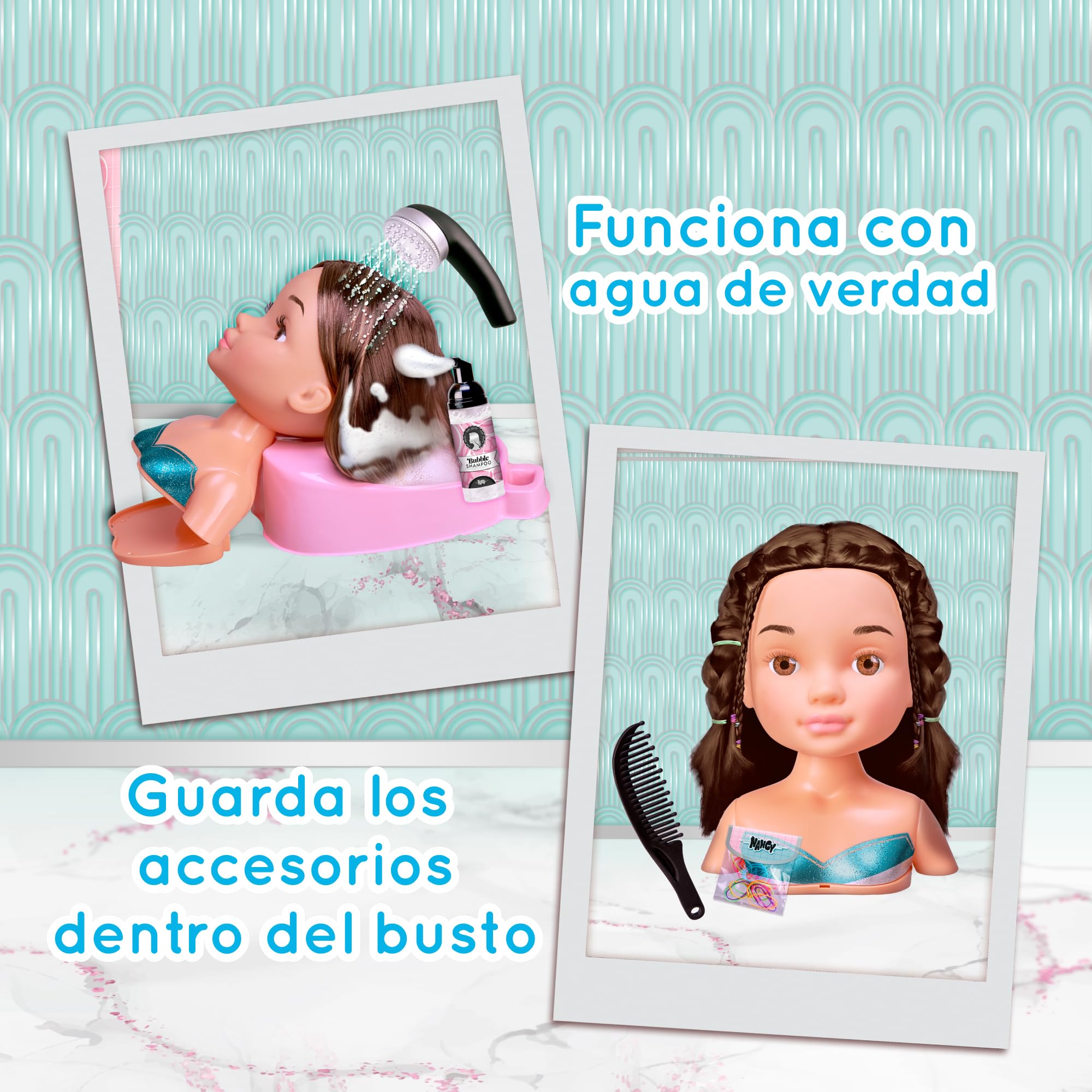 Nancy Hair Salon, Testa capelli castani, lavatesta che funziona per davvero,accessori per poter creare acconciature, per bambine/I da 3 anni, Famosa (NACB2000)