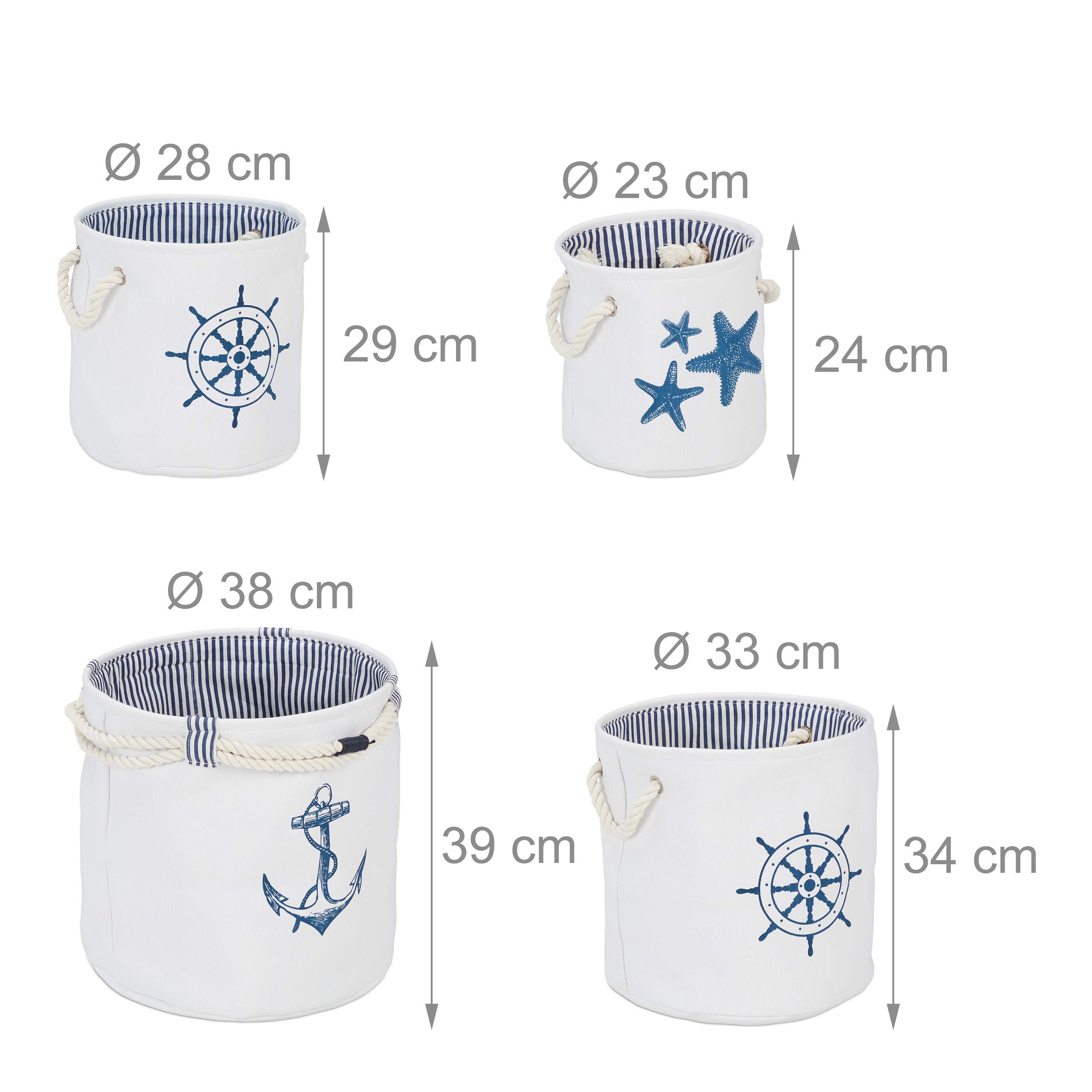 relaxdays Set da 4 Cestini Portaoggetti, Cesti di Stoffa con Manici, Contenitori Bagno Giochi, 4 Misure, Bianco/Blu