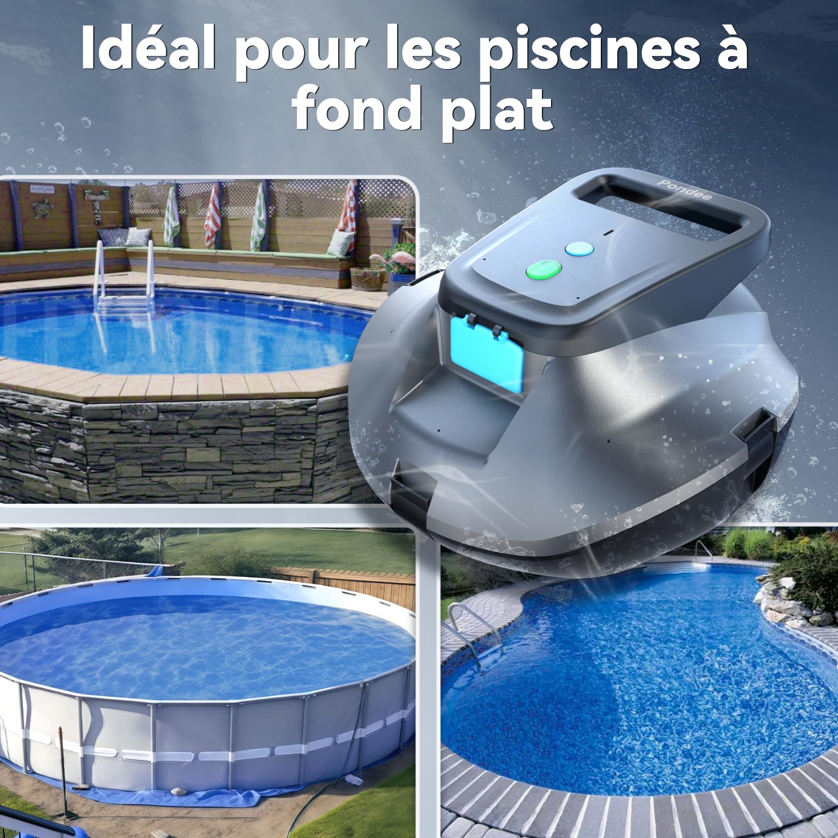(Upgrade 2026) Pondee X1 Robot Piscine sans Fil, Aspirateur Piscine Hors Sol avec 120 Min Autonomie, Stationnement Automatique, Recharge Rapide 2,5h, pour Piscines Hors-Sol et Enterrées jusqu'à 80 m²