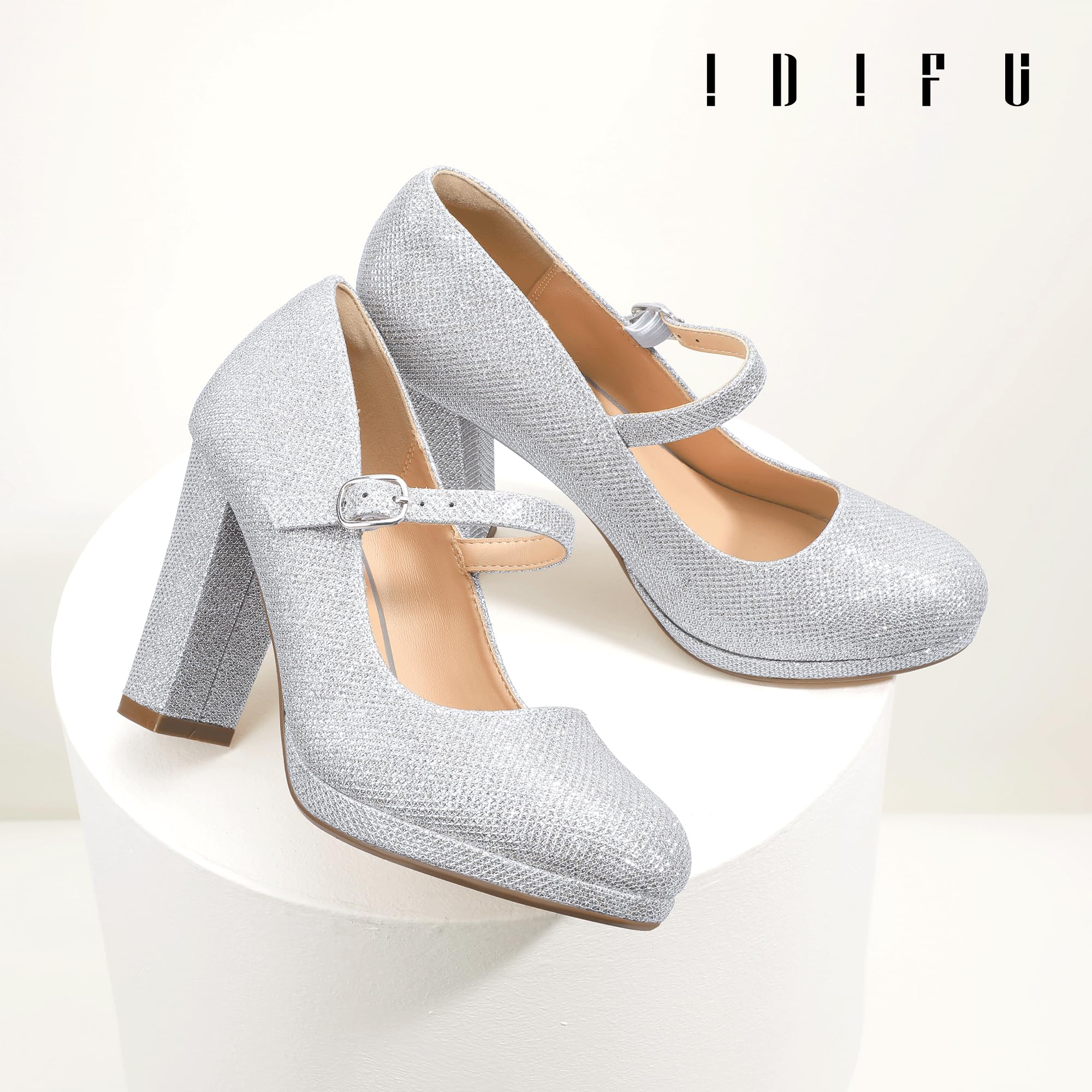 IDIFU IN4 Mary Jane Shoes Closed Toe Heels Platform High Chunky Block Heels Women's Pumps Comfortable Dress Shoes for Women Wedding Bridal Work Fashion Round Toe Pumps Shoes: 7.5 Silver Glitter