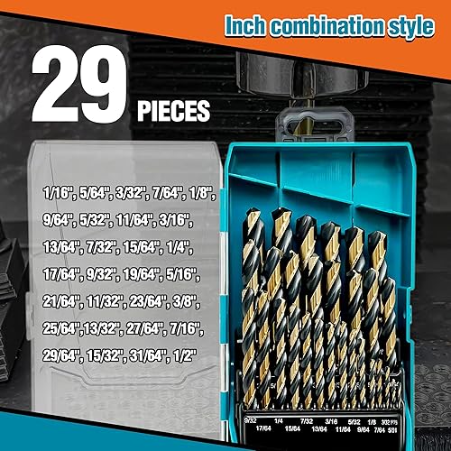 Miniatura 6 de Juego de brocas de acero de alta velocidad resistente de 29 piezas con acabado negro y dorado y punto dividido en caja de almacenamiento (116 - 12