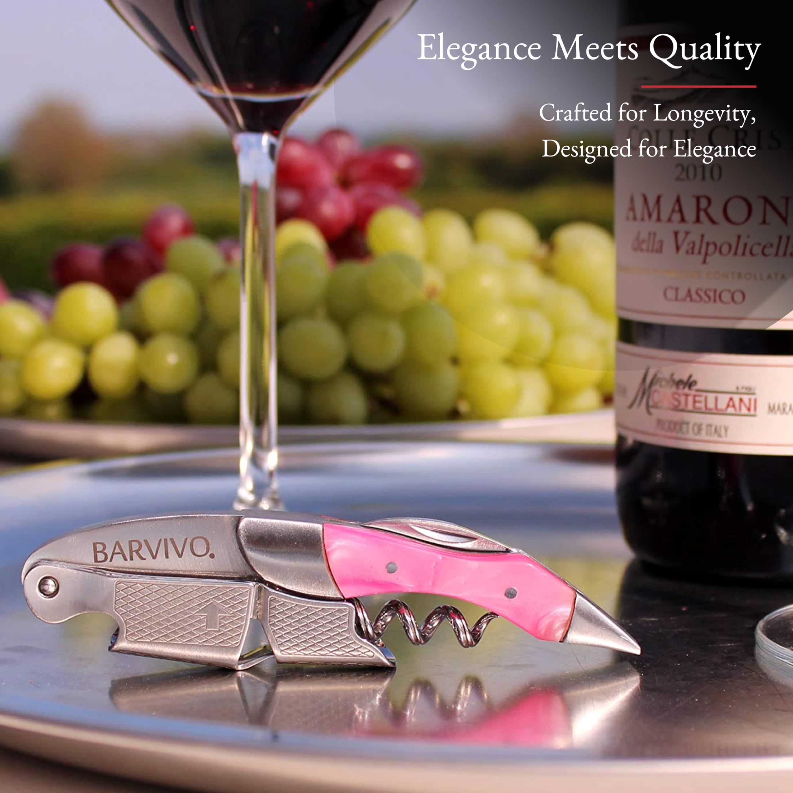 Barvivo Cavatappi Professionale Apribottiglie Perfetto per stappare Bottiglie di Vino, Birra, per Sommelier e Bartenders di Tutto Il Mondo. Realizzato in Acciaio Inox e Resina Rosa.