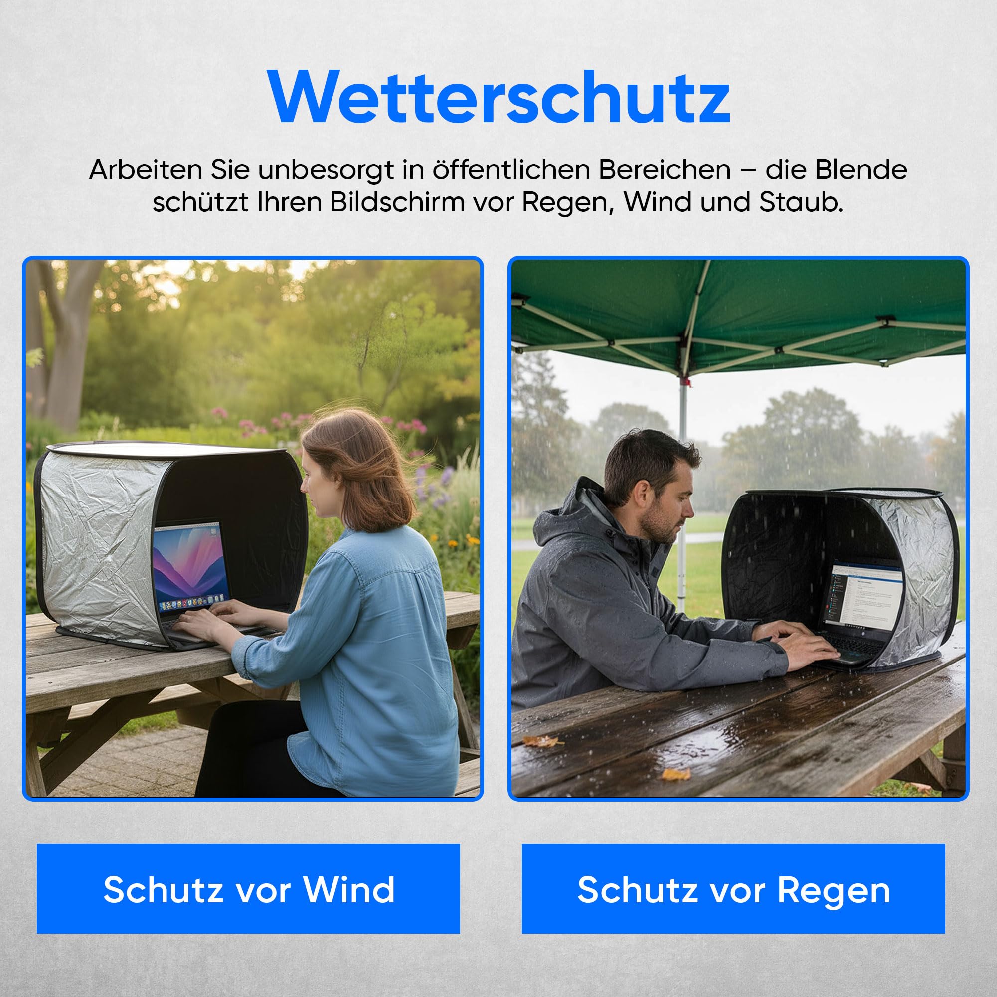ReFind Sonnenschutz für Laptop - Blendschutz für Arbeit im Freien. Mit Sichtschutz, Hitzeschutz und Wetterschutz. Laptop-Haube geeignet für Laptop, iPhone, Tablet, iPad.