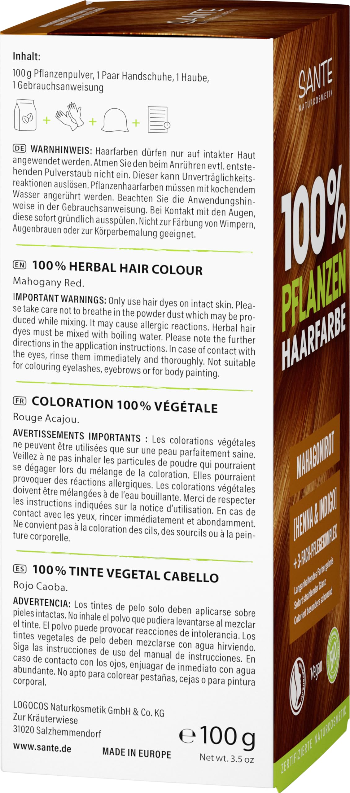 SANTE Naturkosmetik Roślinna farba do włosów – mahoniowa czerwień – 100 g – naturalna koloryzacja z ekologiczną henną i indygo – farba do włosów bez amoniaku i nadtlenków – wegańska i przetestowana