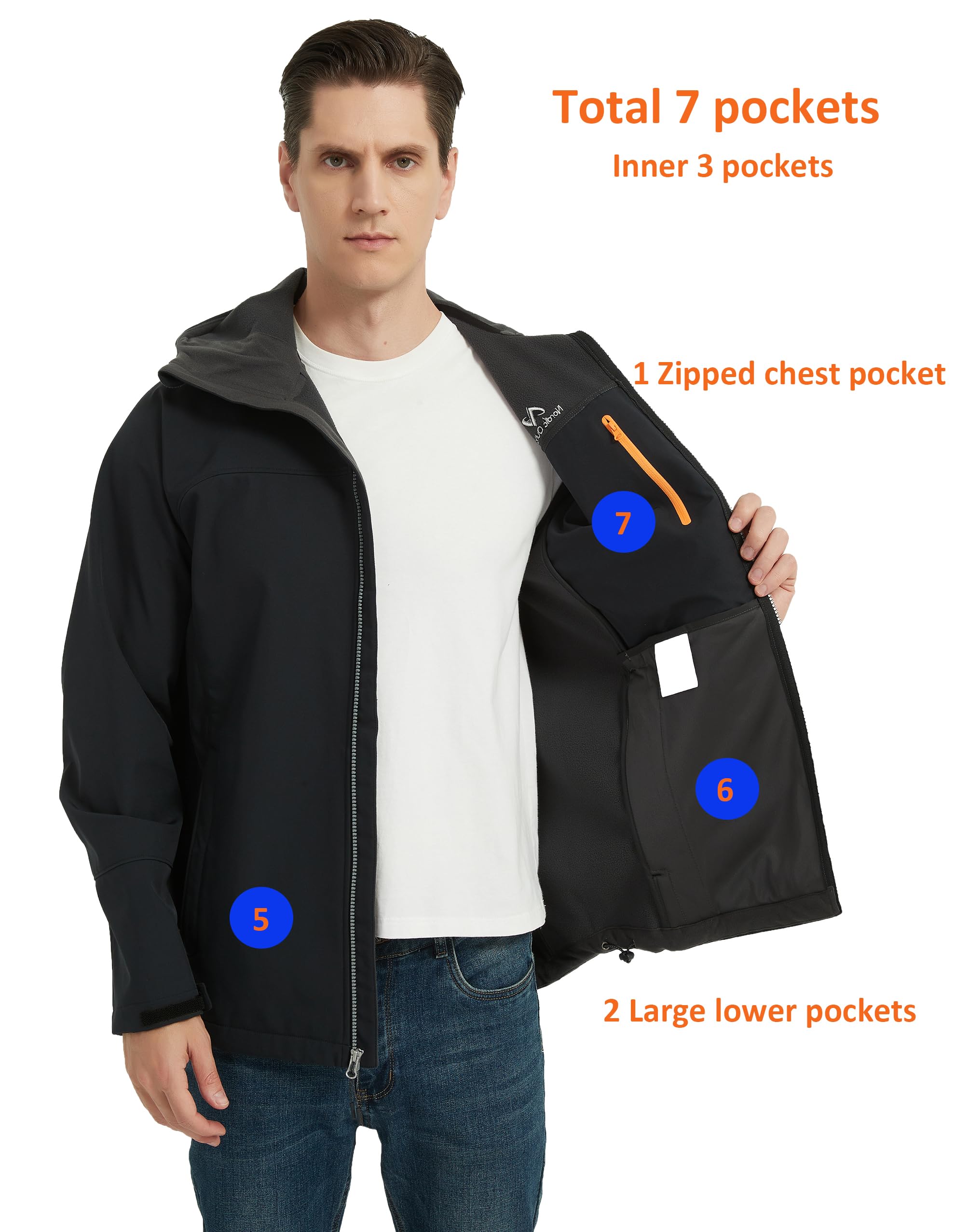 NORDIC OUTLAND Veste de pluie Softshell imperméable à capuche coupe-vent 7 poches pour activités de plein air