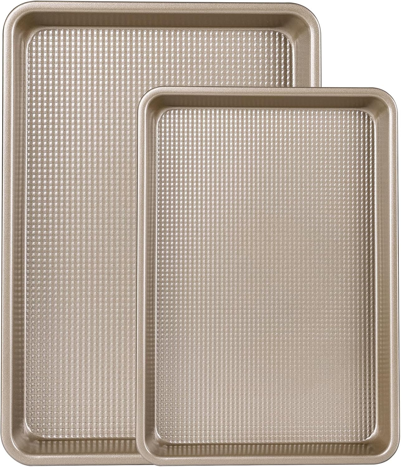 2 Piece Professional Baking Pan Set, Nonstick Bakeware Set, Heavy Duty Cookie Sheets for Baking, 9x13in, 10x15in, Textured, Gold Thumbnail