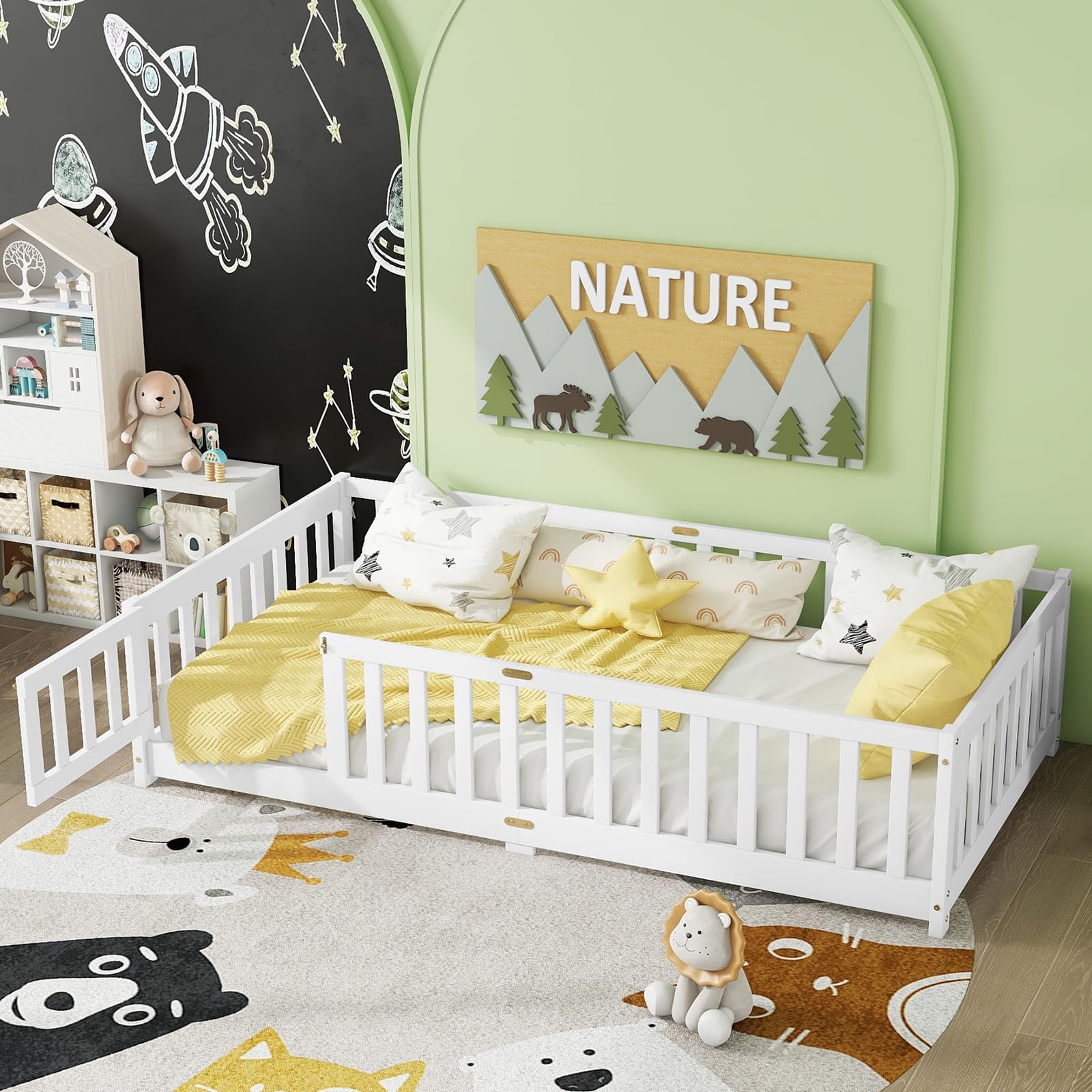 Twin Floor Bed with Safety Guardrails for Kids, Rubber Wood Montessori Bed with Slats and Convertible Door, Twin Size Bed Frame for Girls and Boys,No Box Spring Needed,White