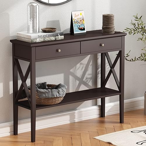 ChooChoo Console Table with Drawers, Narrow Wood Accent Sofa Table Entryway Table with Storage Shelf for Entryway, Front Hall, Hallway, Living Room,