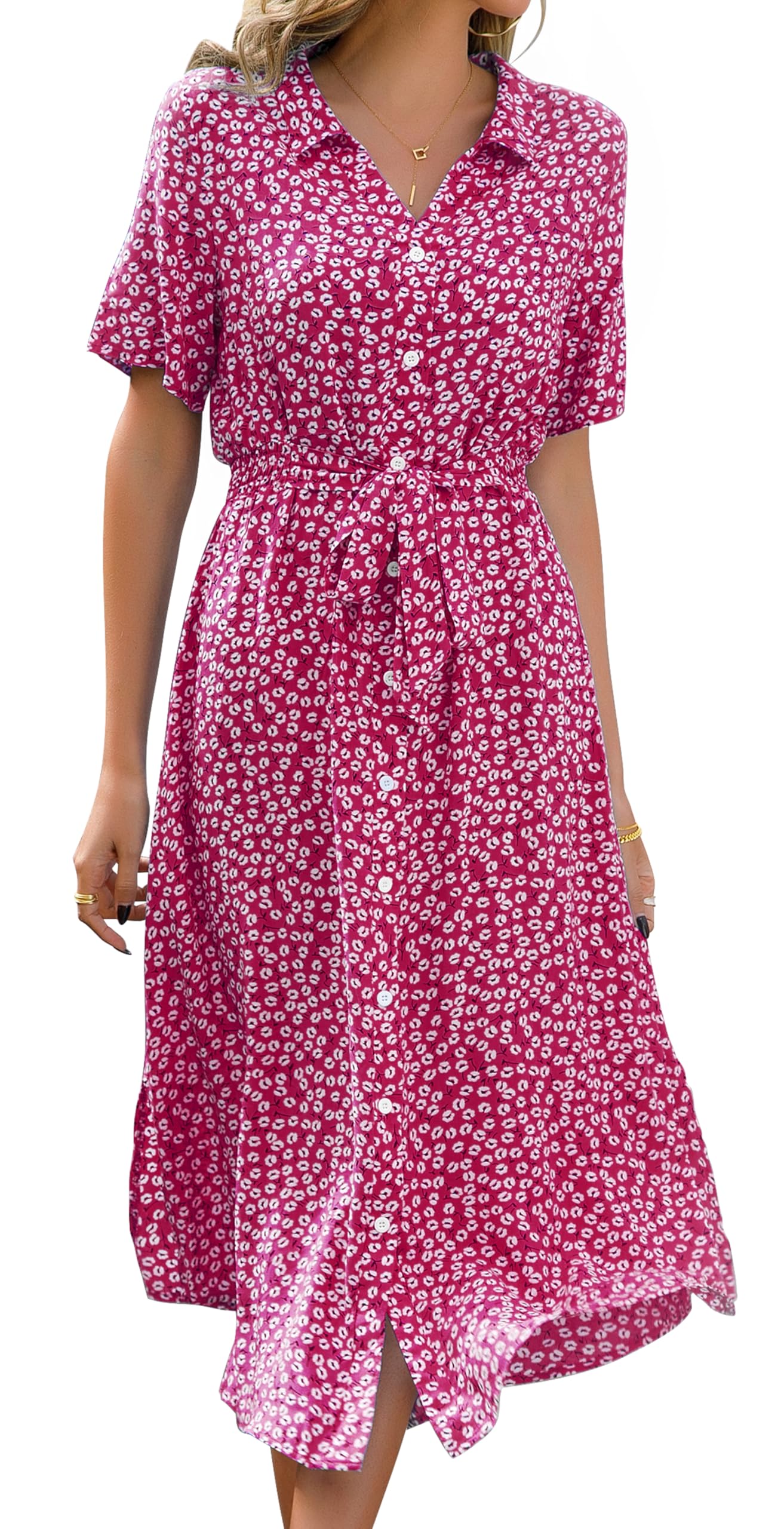 Livonmone Sommerkleid Damen Kurzarm Casual V-Ausschnitt Blumendruck Kleider Strandkleider Sexy Schlitz Midikleid Cocktailkleid Partykleid mit Gürtel(Rose Rot, XXL)