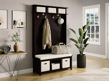 John Louis Home Solid Wood Hall Tree with Entryway Bench - 2 Bins & 1 Shoe Divider Espresso
