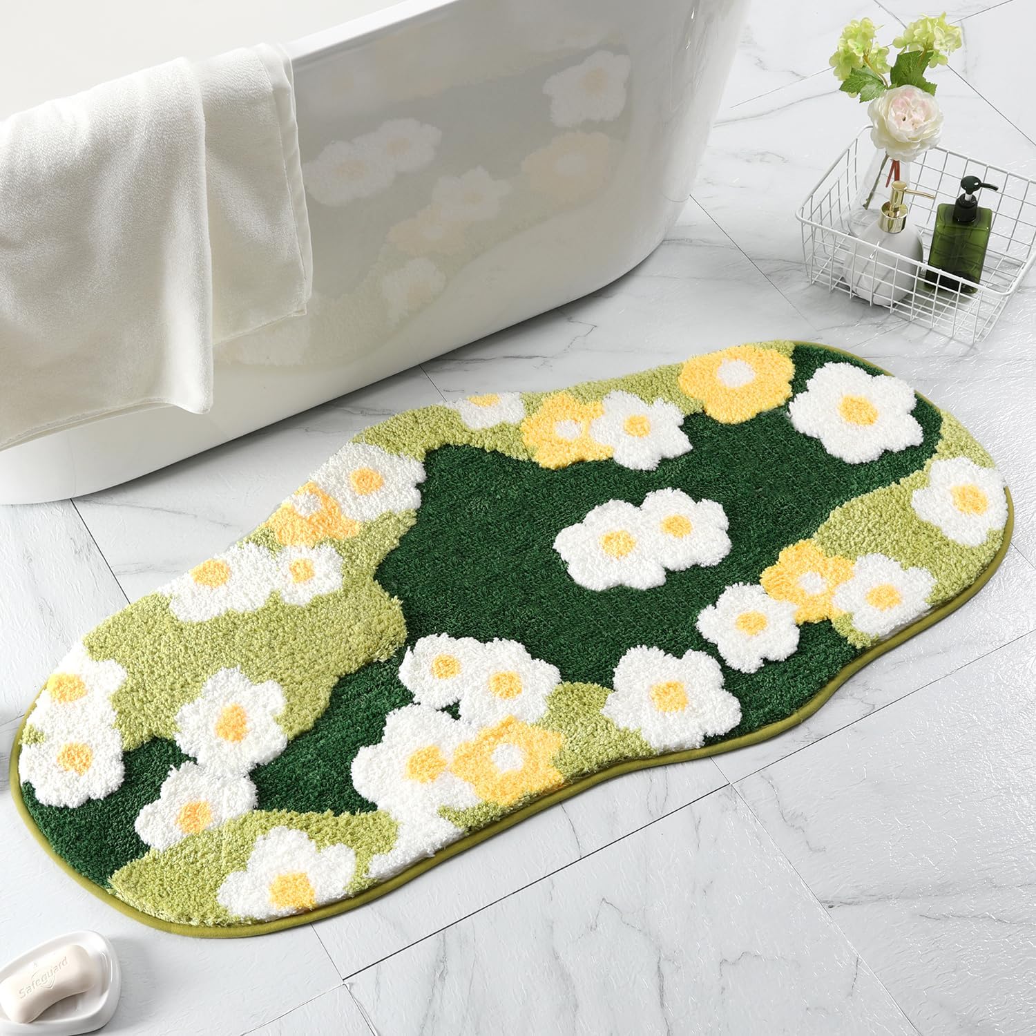 Green Moss Bath Rug Soft & Absorbent Carpet Large Bath Mat Anti Slip Bath Runner Rug Fluffy Mat for Bedroom Machine Washable Irregular Rug, 24 x 47 Inches