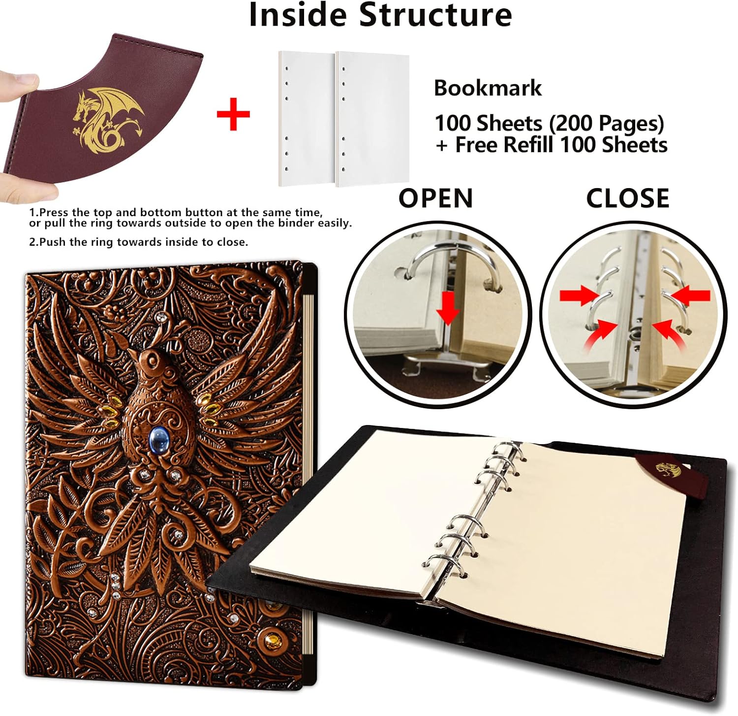 AncientDeer DND Notebook Unique 3D 6 Ring Binder Refillable Diary Notepads Vintage D&D Journal-Ideal for dungeons and dragons,magic the gathering.Great RPG dice set Accessories Gifts for DM & Players