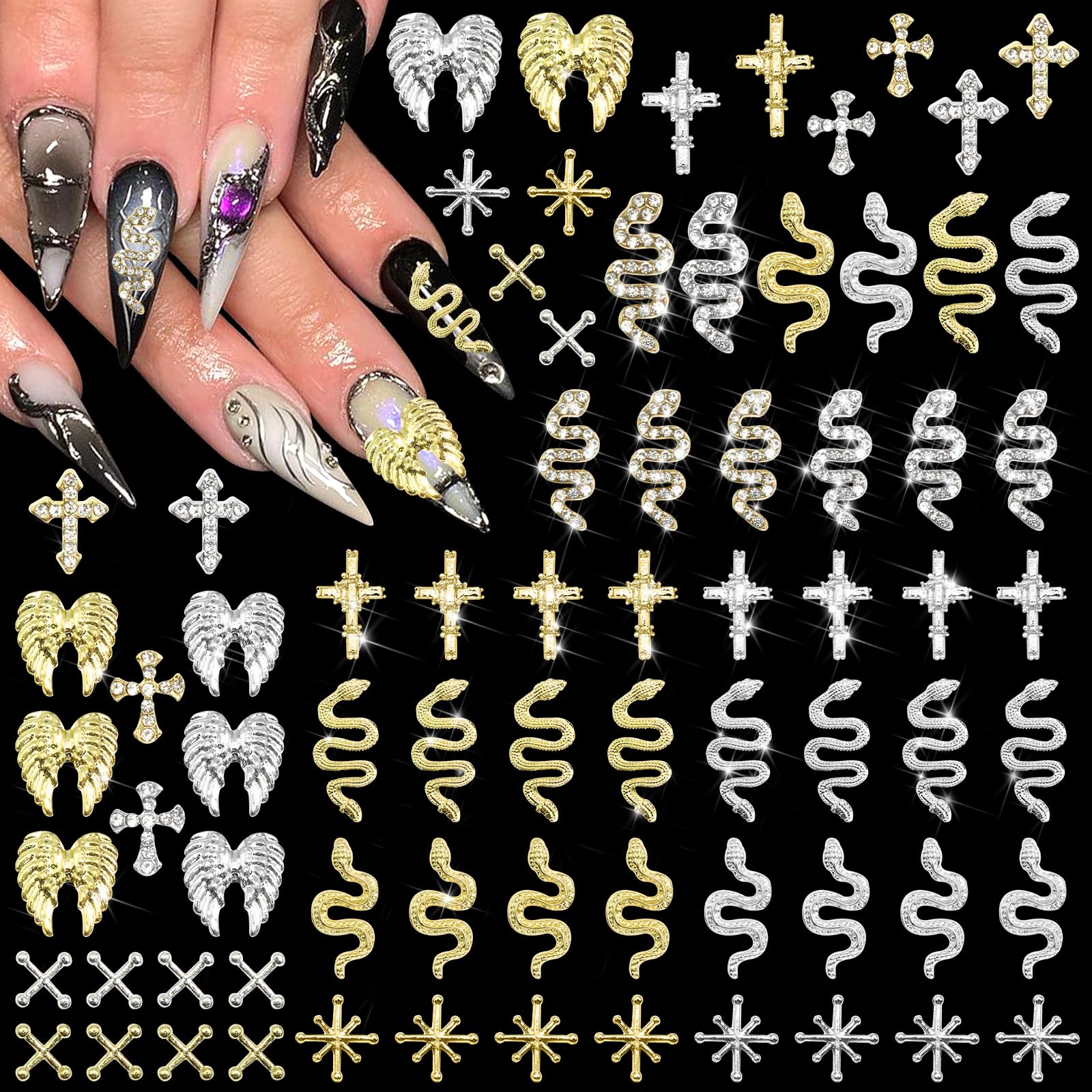 RODAKY 74PCS Snake Nail Charms Gold 3D Cross Nail Art Jewelry Metal Alloy Charms for Nails Multi Shape Punk Halloween Nail Decoration Accessories for