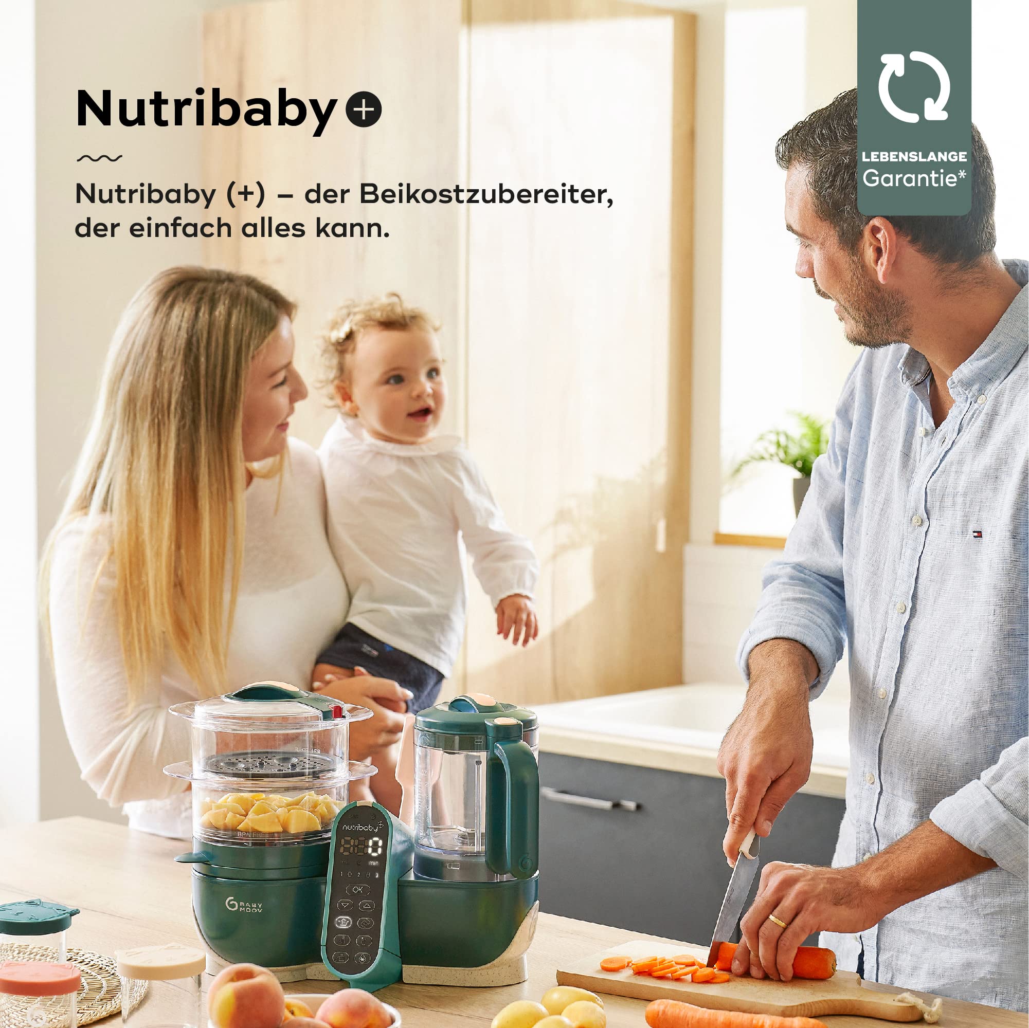 Babymoov Set Nutribaby Plus Opal Green - Babynahrungszubereiter, 2200ml Fassungsvermögen + Babybols Aufbewahrungsbehälter für Babynahrung 15-teilig (3x120ml + 3x180ml + 6x250ml + 3 flexible Löffel)