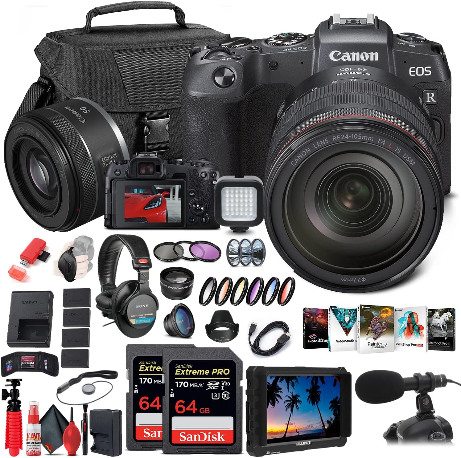 Canon EOS RP Mirrorless Digital Camera with 24-105mm Lens (3380C012) + Canon RF 50mm f/1.8 STM Lens + 4K Monitor + Pro Headphones + Pro Mic + 2 x 64GB Card + Color Filter Kit + Case + More (Renewed)