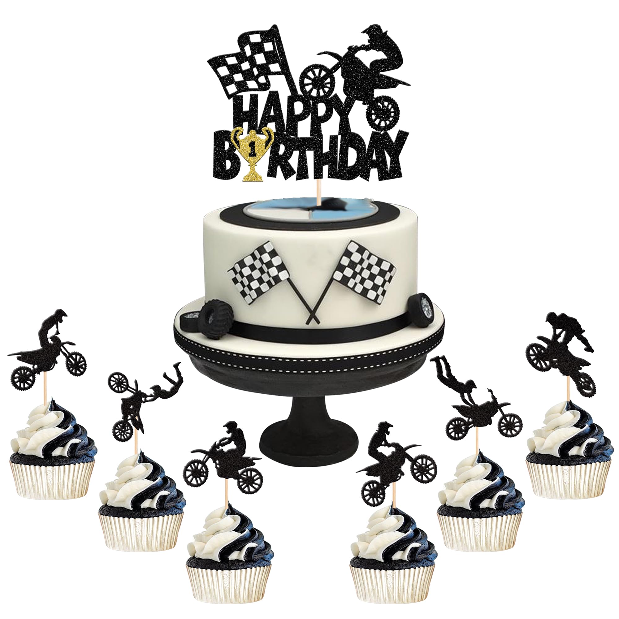 Pack of 25 Motorcycle Cake Toppers Black Glitter Motocross Dirt Bike Cupcake Toppers for Sports Motocross Theme Cake Decoration Man Boy Birthday Party Cake Decoration