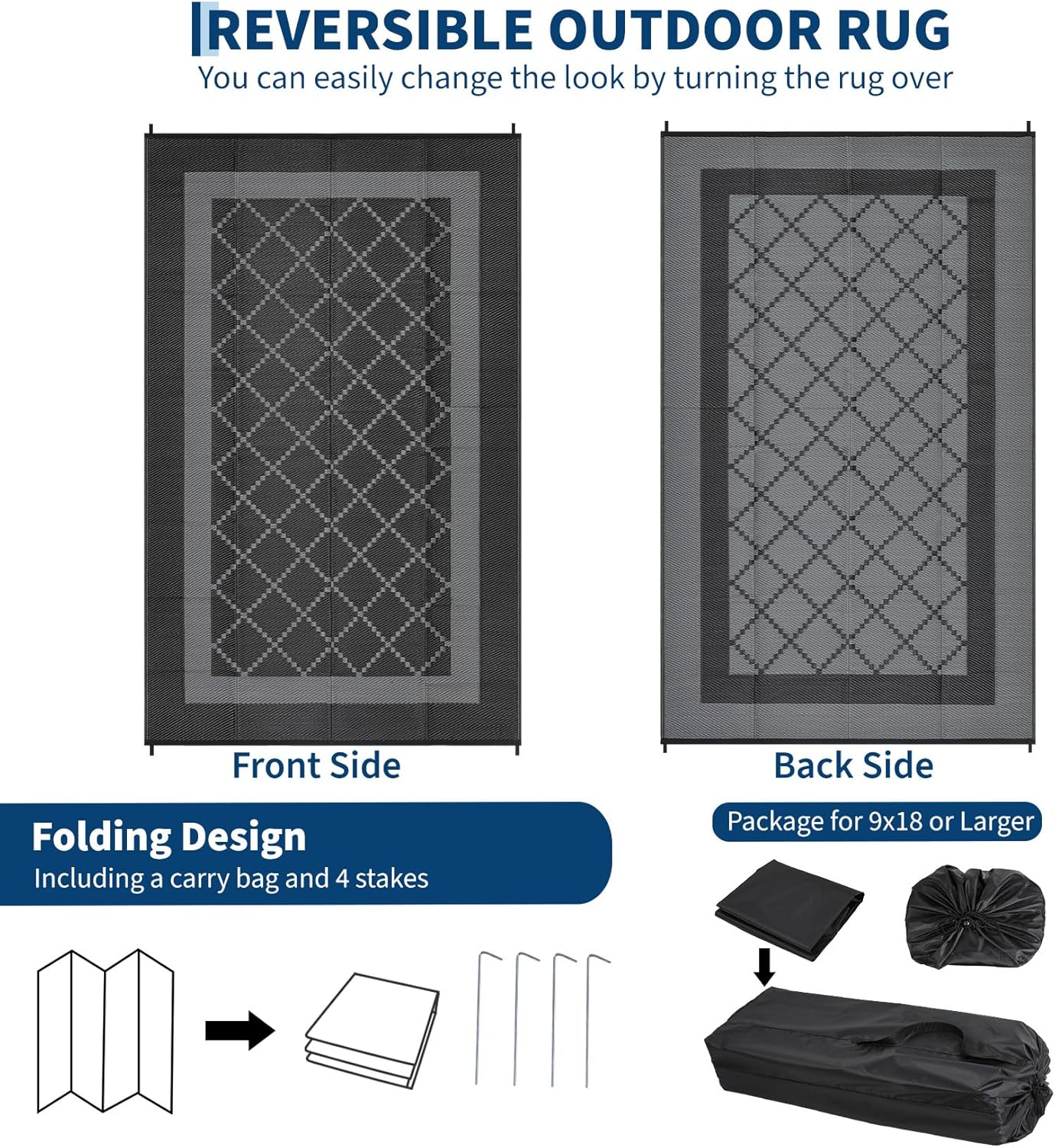 cozyloom outdoor rug waterproof 10x20 reversible patio rug, extra large modern rv camping carpet, indoor outdoor plastic straw mat for deck picnic beach garden, black&grey geometric black&grey 10' x 20' (rectangular)