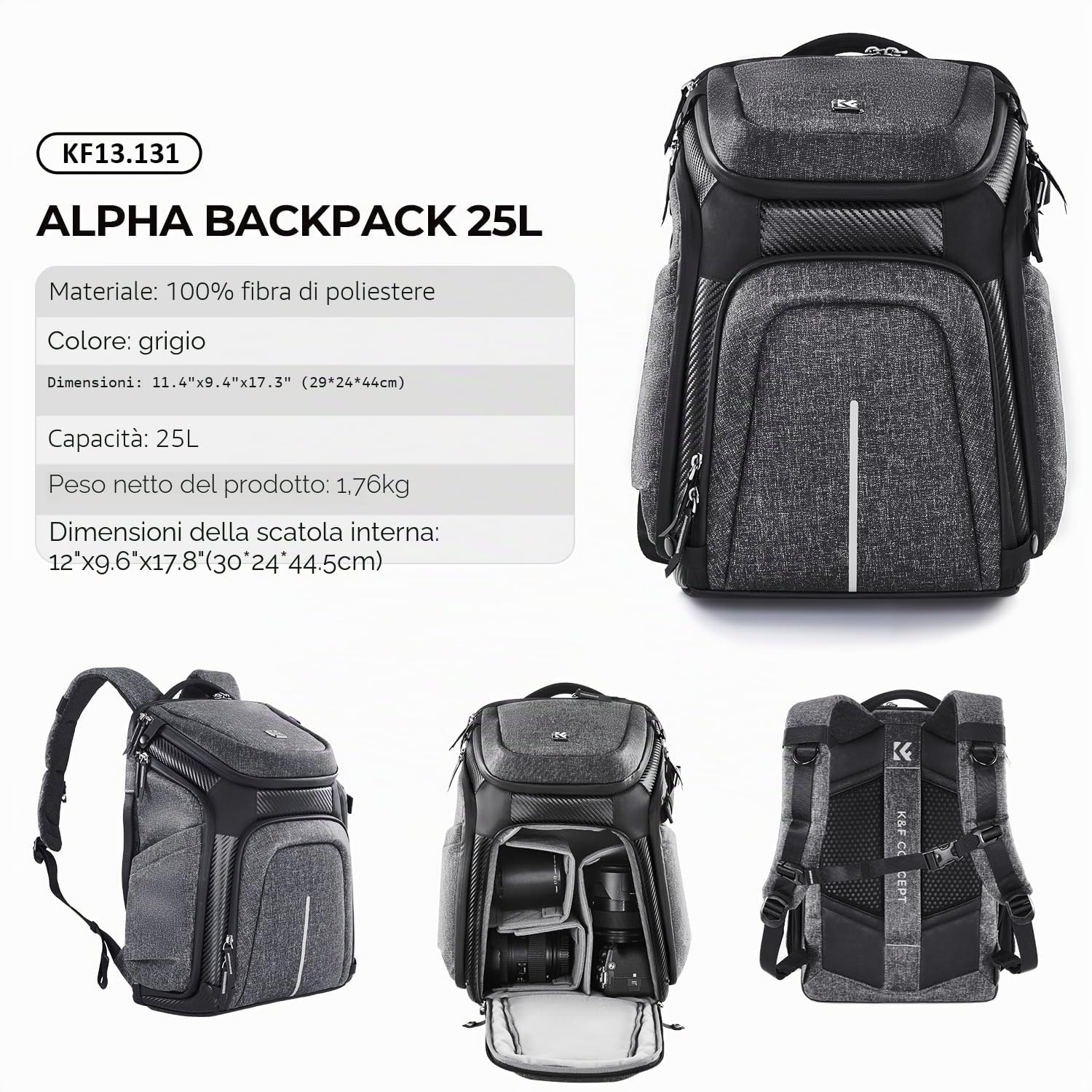 K&F CONCEPT Multifunzionale Zaino per Fotocamera Professonale Borsa Fotocamera Fotografia, 25L+1.5L Espansione Zaino Fotografia con Copertura Antipioggia Antifurto, Scomparto per Laptop da 16 Pollici