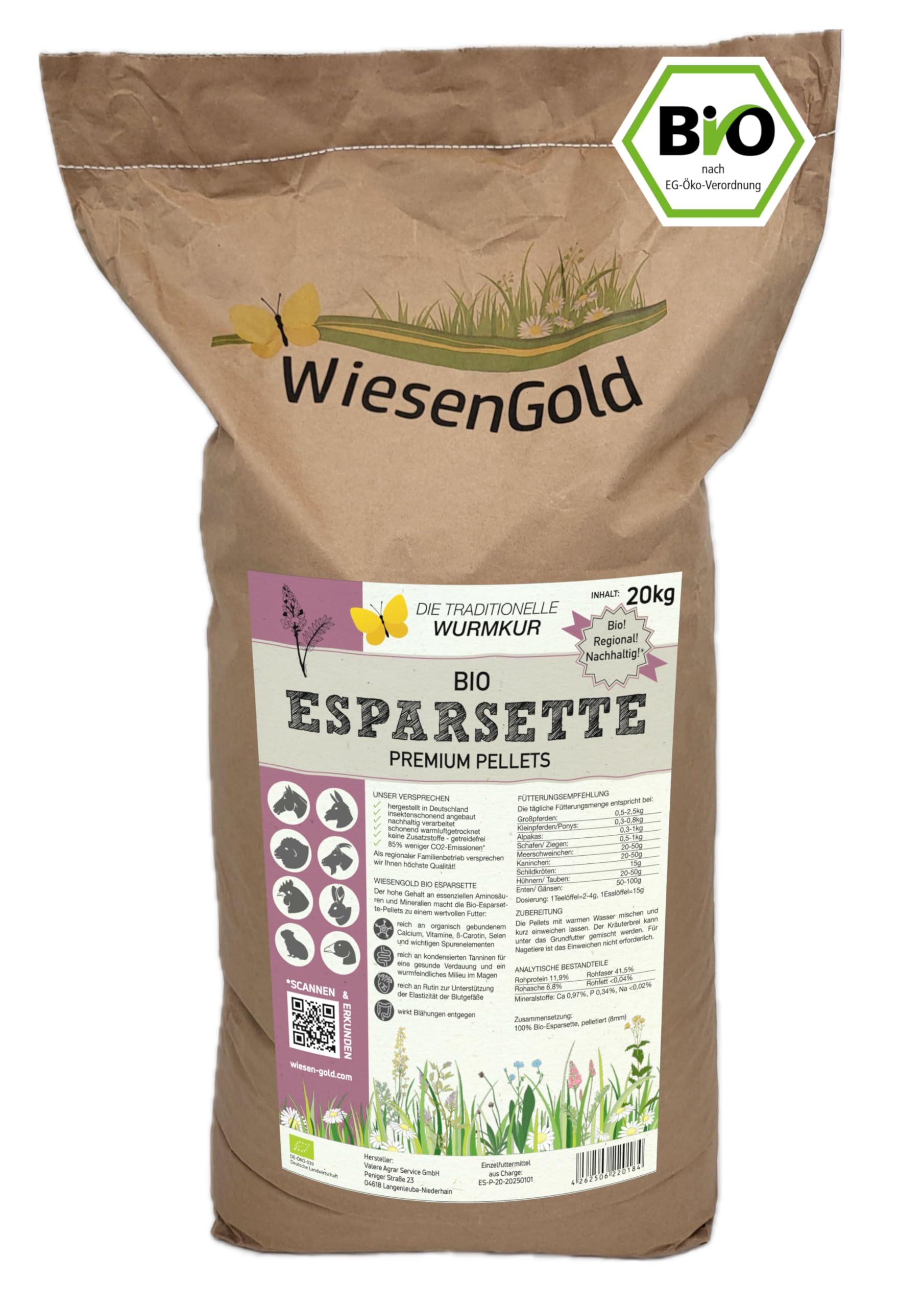 Esparsette Cobs Bio (20kg), WiesenGold® Bio-Esparsette Pellets/Cobs – Premium Pferdefutter, naturnaher Anbau, Heimtierfutter, natürliche Wurmkur