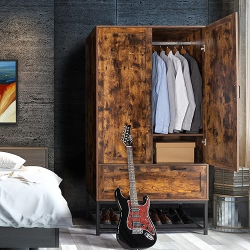 Miniatura 1 de VINGLI Armario Ropero Acanalado con Puertas y Cajones, Gabinete Armario con Barra para Colgar, Armario de Dormitorio de Madera de Roble, Armario