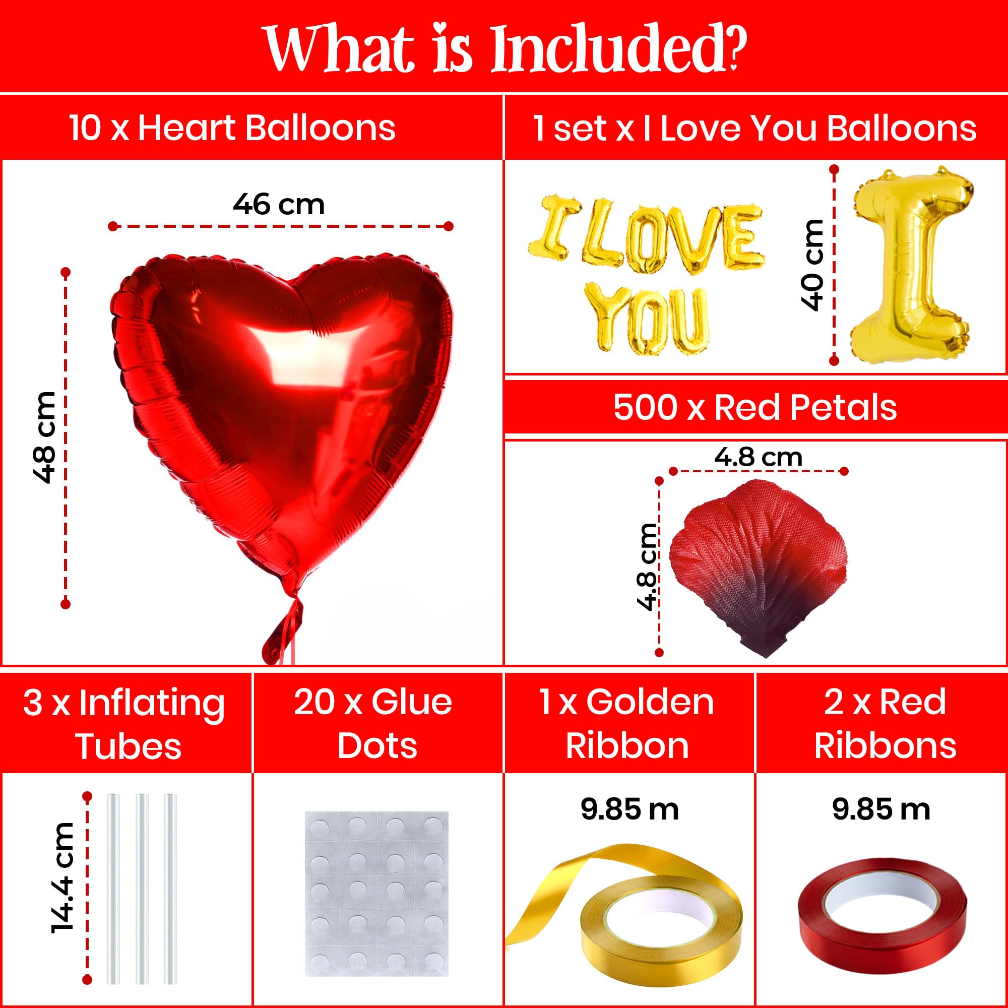 Valentines Decorations Set including Gold I Love You Balloons, 14 Red Heart Balloons and 500 Fake Rose Petals - Image 2