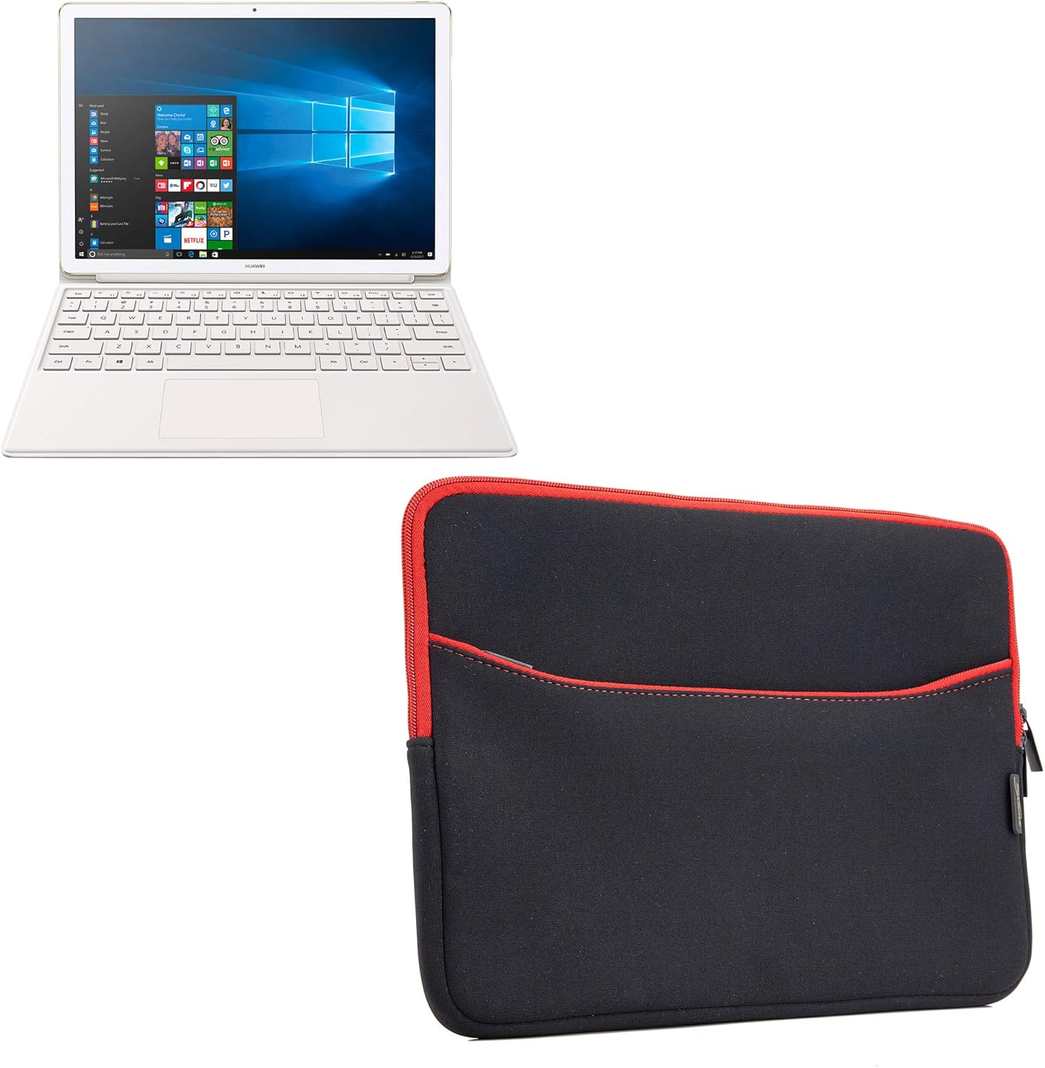 BoxWave Case Compatible with Huawei MateBook E - SoftSuit with Pocket, Soft Pouch Neoprene Cover Sleeve Zipper Pocket - Jet Black with Red Trim