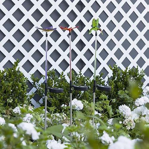 Miniatura 13 de Alpine Corporation Juego de 3 estacas de jardín con luz solar de fibra óptica LED de mariposa, colibrí y libélula de 33 pulgadas de alto