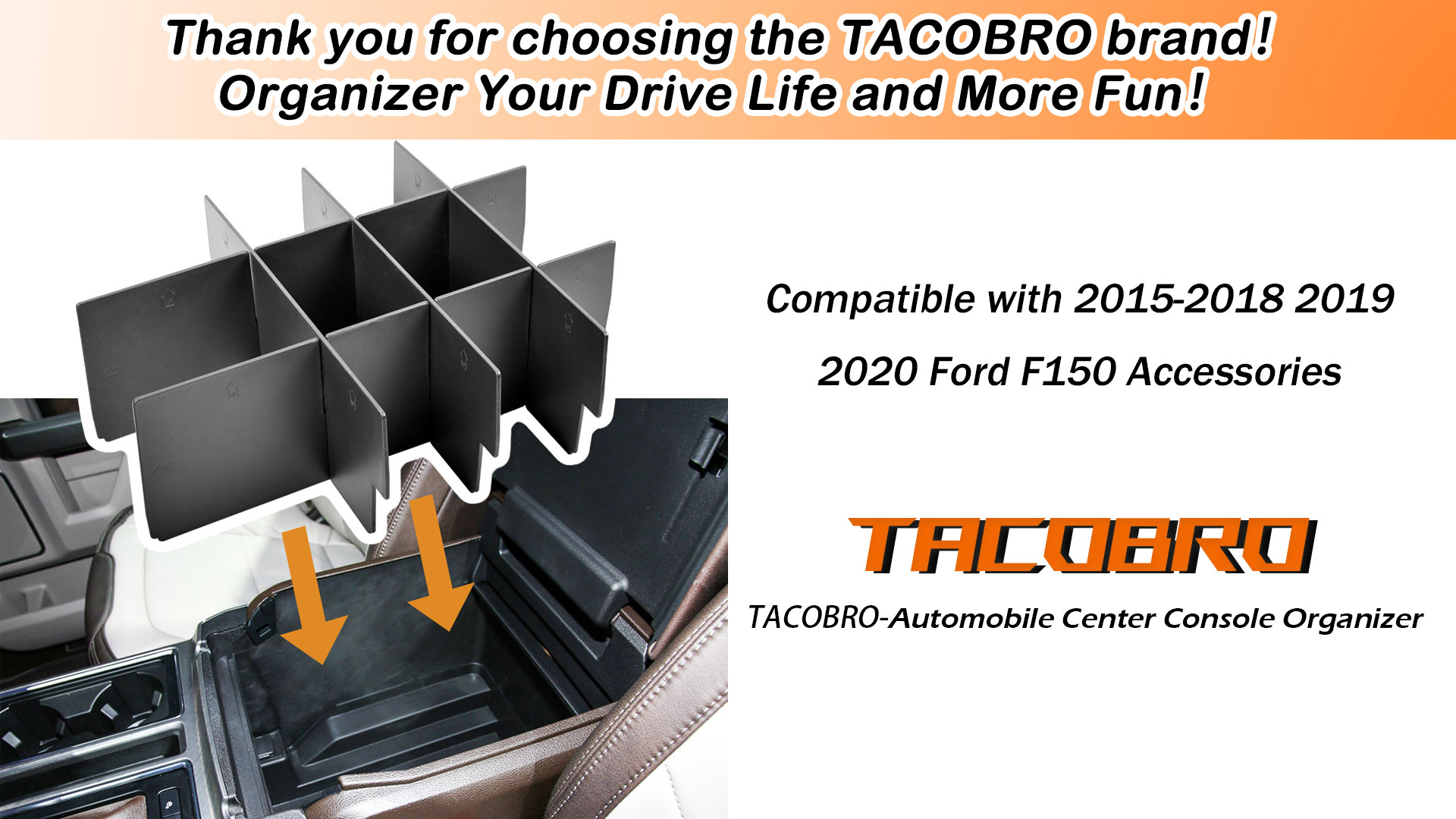 CUCHIYUN Séparateurs de console centrale compatibles avec les accessoires Ford F150 2020, 2019, 2018-2015, accoudoir de rangement secondaire, console complète avec sièges baquets uniquement