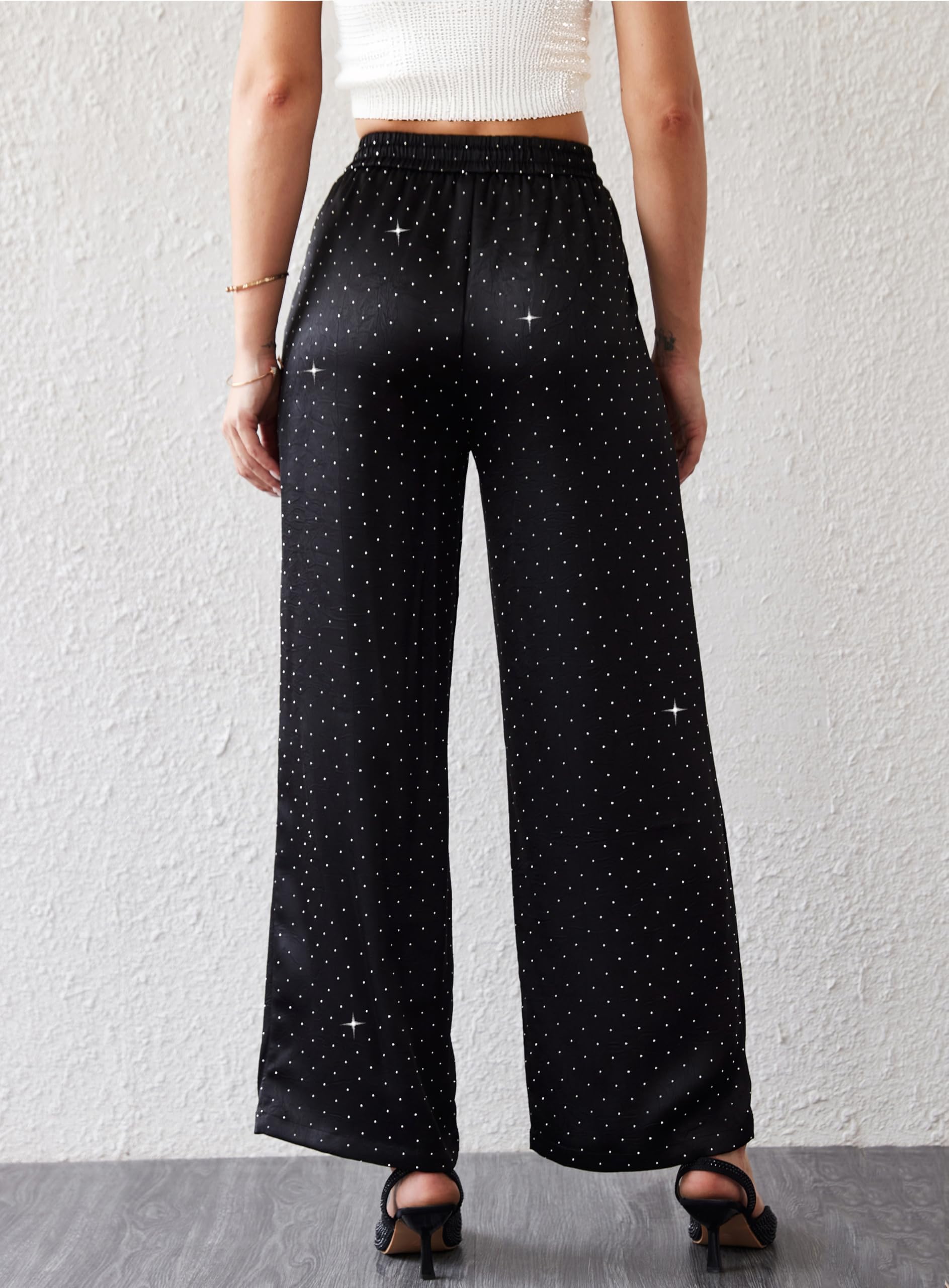 Pantalon soyeux en satin avec strass et paillettes - Taille haute - Jambe large - Brillant - Pour fête, travail, boîte de nuit