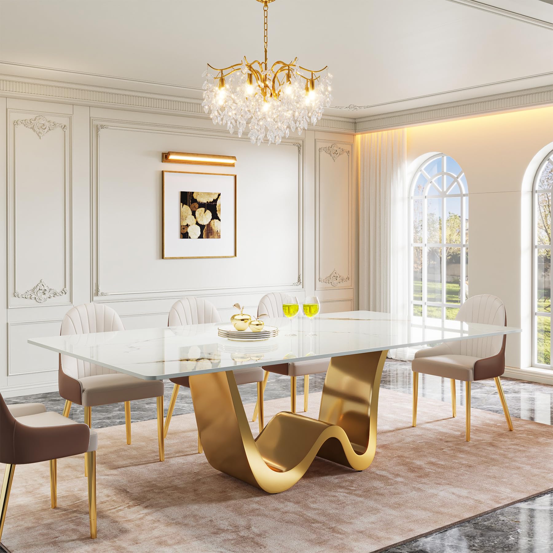 Photo 1 of *PARTIAL SET - See Clerk Notes*
Tribesigns 78.74" Sintered Stone Dining Table for 6-8, Modern Rectangle Dining Table, Luxury White & Gold Kitchen Table with Stone Slate Katakin Tabletop & W-Shaped Stainless Steel Base (Only Table)