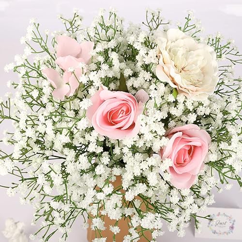 Miniatura 88 de N&T NIETING Babys Breath - Flores artificiales blancas, 10 ramos de gypsophila falsas de tacto real, arreglo de aliento de bebés para bodas