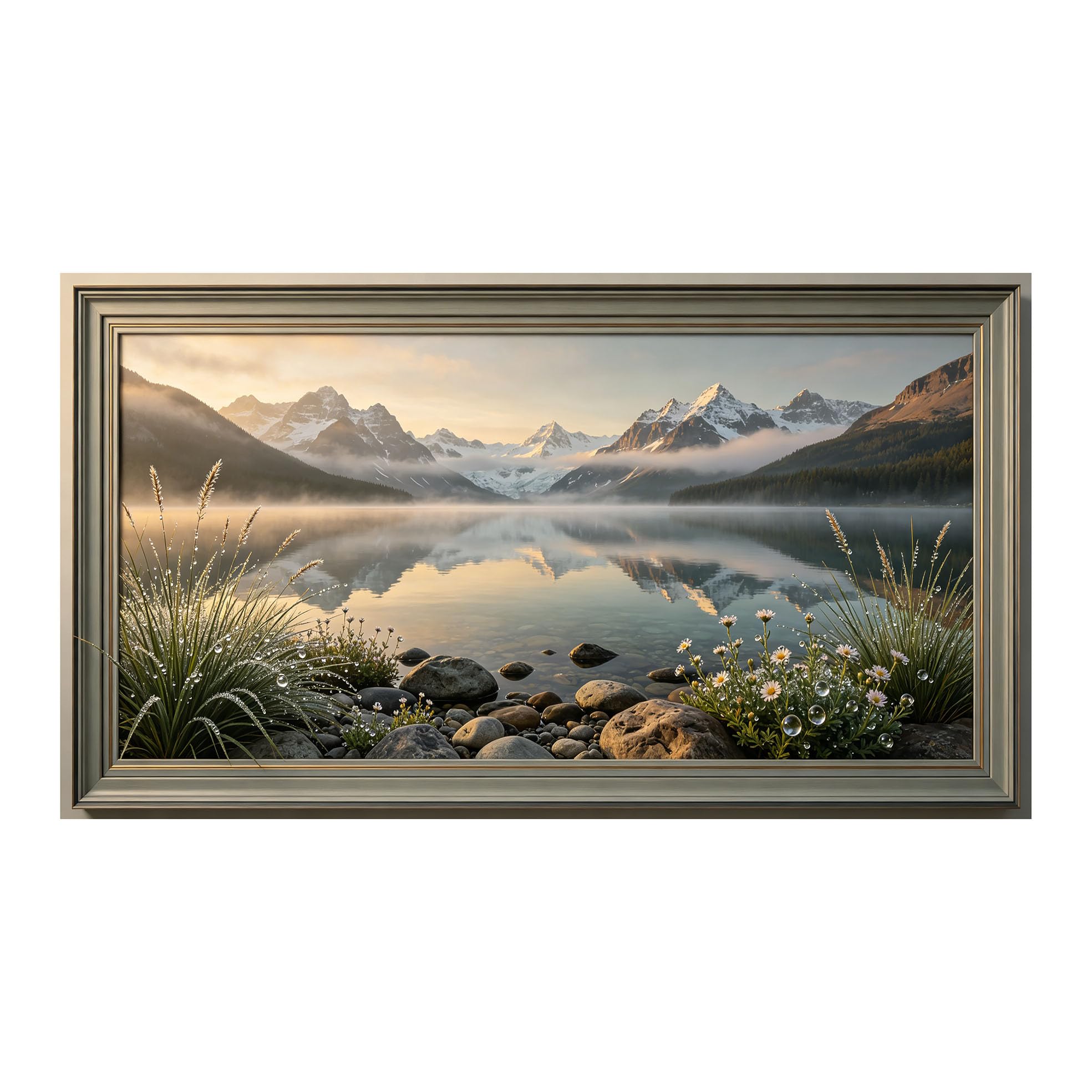Yzpallescene 3D Framed Wall Art 50cm×100cm Snowy Mountain Lake Landscape Panoramic Sunset View Large Size SelfAdhesive Removable Wall Decor Prints Artwork for Living Room Bedroom Office