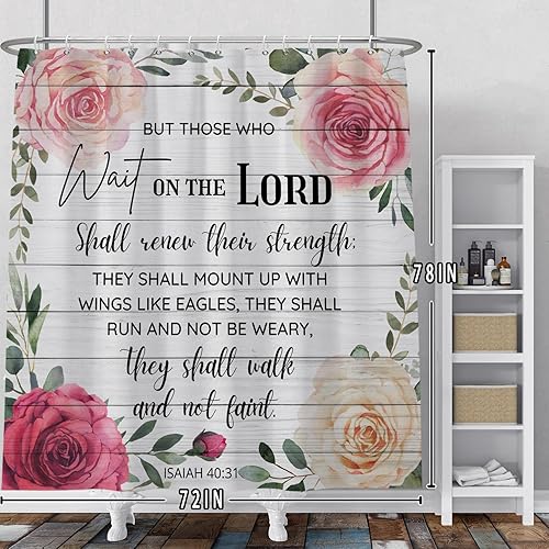 Miniatura 2 de Baocicoo - Juego de cortinas de ducha con versículo bíblico para baño, citas inspiradoras, tablero de madera rústica, rosas florales, cortinas de