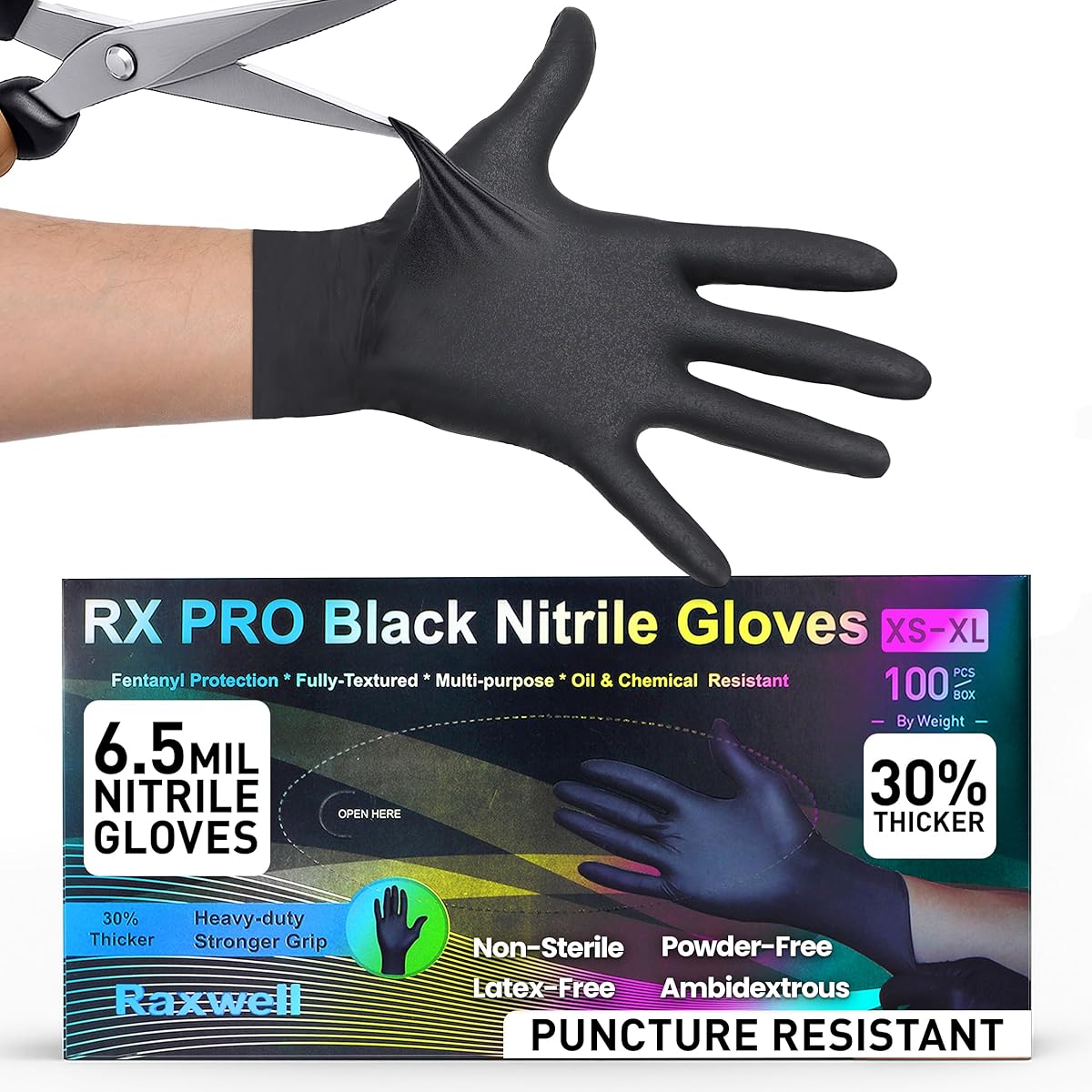 Raxwell Heavy Duty Disposable Gloves Latex Free | 6.5 Mil Black Nitrile Gloves Medium | 100 Count Powder Free & Chemical Resistant | Food Grade, Food Safe | For Janitors, Kitchens, Mechanics & More