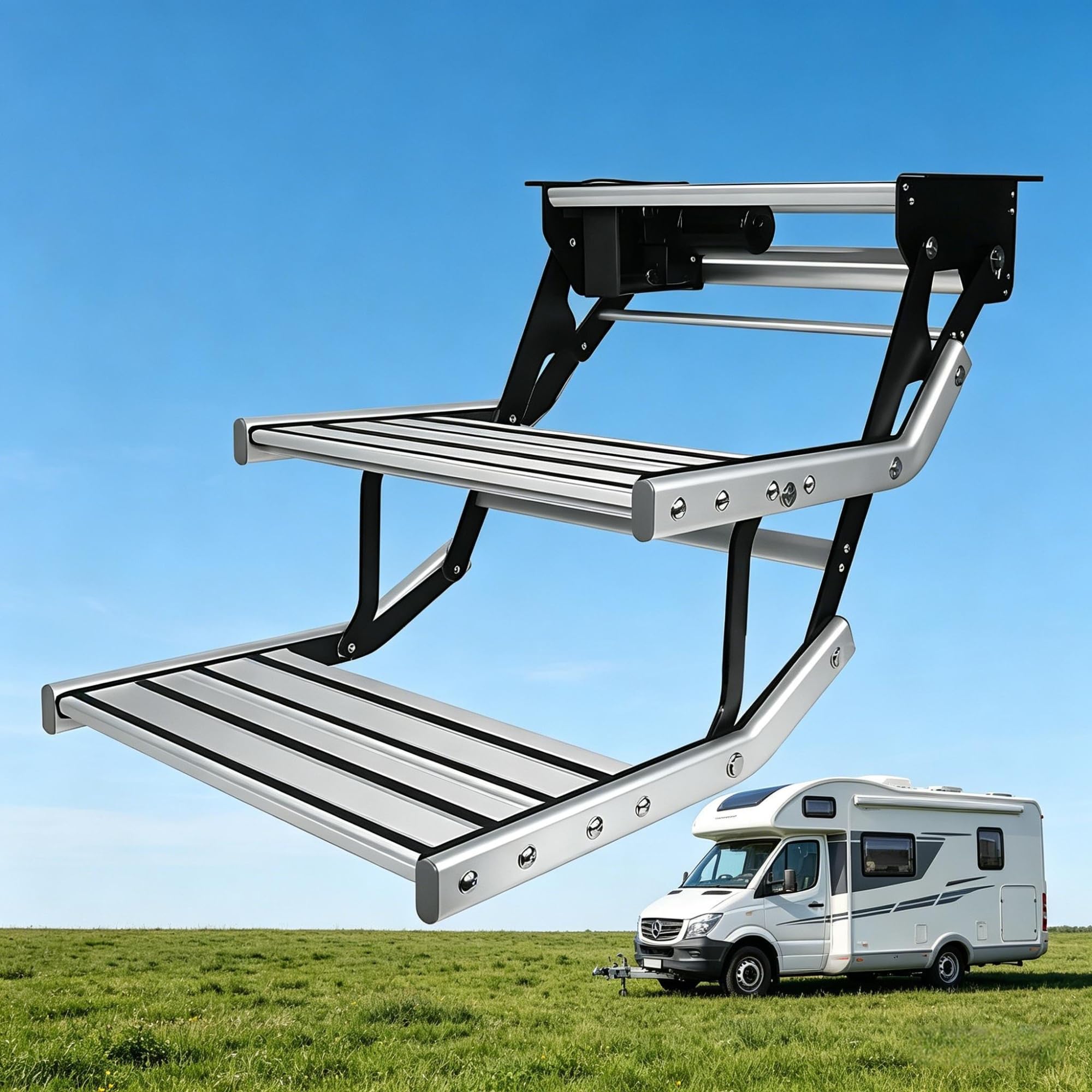 Escalones eléctricos resistentes para autocaravanas Escalera plegable para autocaravana Escalón ancho de aleación de aluminio Con luz LED de 12 V Para autocaravanas caravanas(DoubleLayerElectric)