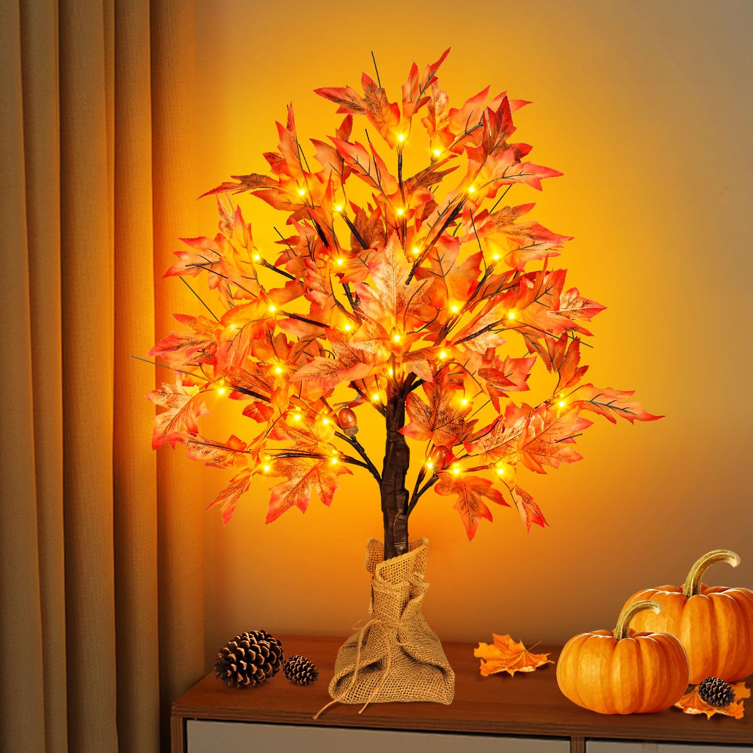Fastdeng Orange 2Ft Fall Lighted Maple Tree, 24 Inch Tabletop Artificial Tree With 36 Led Lights, 72 Leaves, 6 Acorn, Timing Battery Operated With Burlap Base For Indoor Autumn Harvest Home Decor