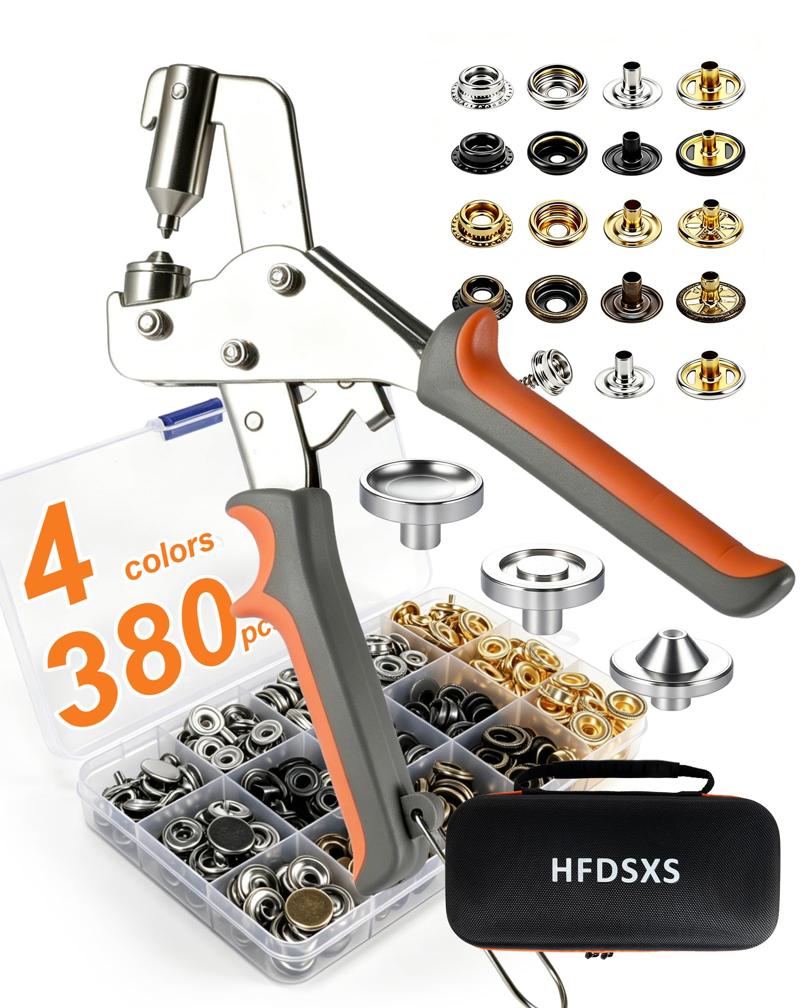 HFDSXS Kit de herramientas de cierre a presión con 100 juegos de broches de acero inoxidable, alicates de instalación resistentes con 3 troqueles magnéticos y estuche de almacenamiento para cubiertas