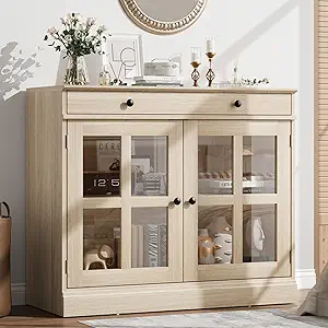 GarveeHome 35.4" Sideboard Buffet Cabinets with Glass Door, Buffet Cabinet with Storage, Oak Sideboard Cabinet with Drawer, Modern Buffets & Sideboards for Dining Room, Kitchen