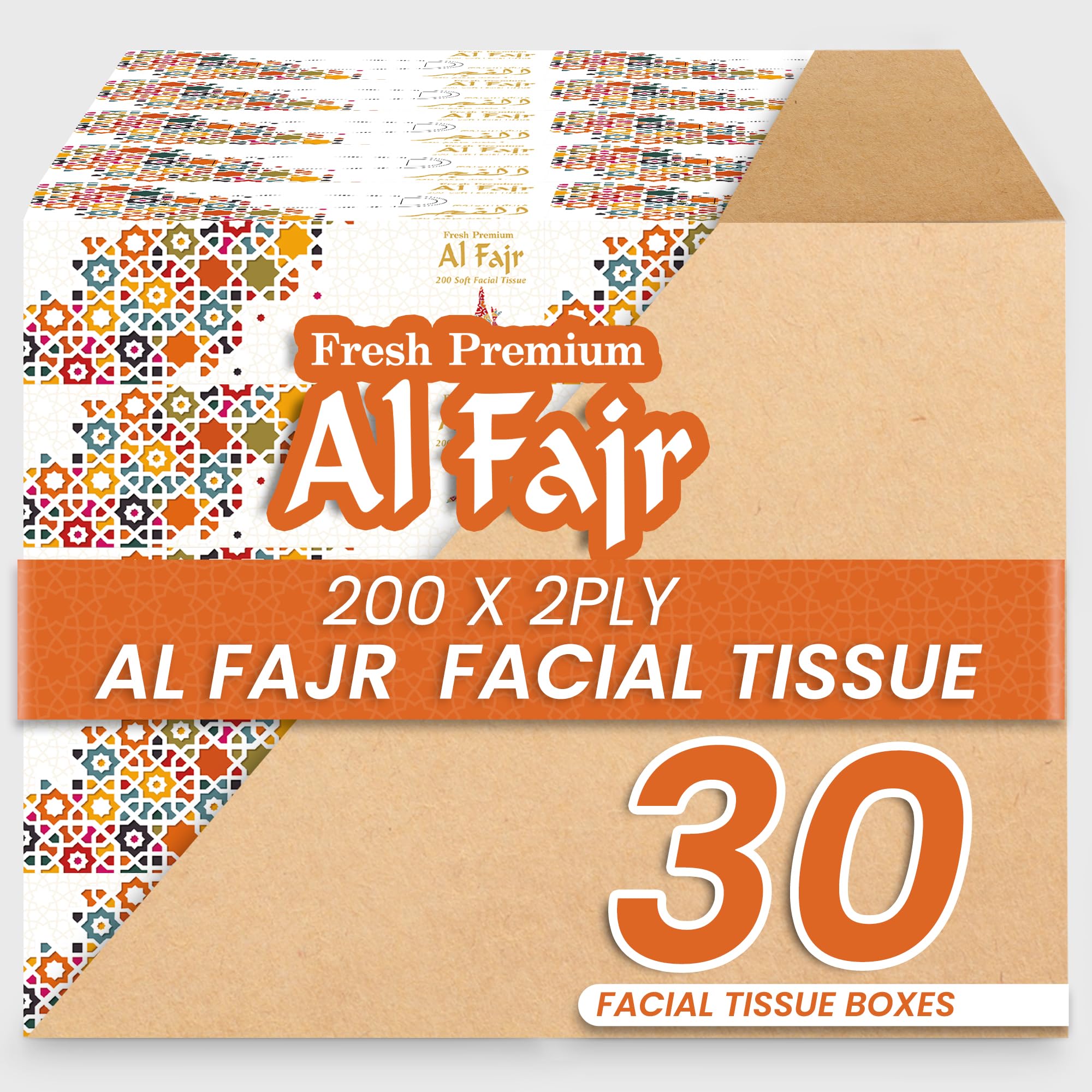 Al Fajr Facial Tissue 200 x 2 Ply Sheets - Premium Tissue, Ultra Soft, Comfort, Daily Care, White Tissue - Pack Of 30.