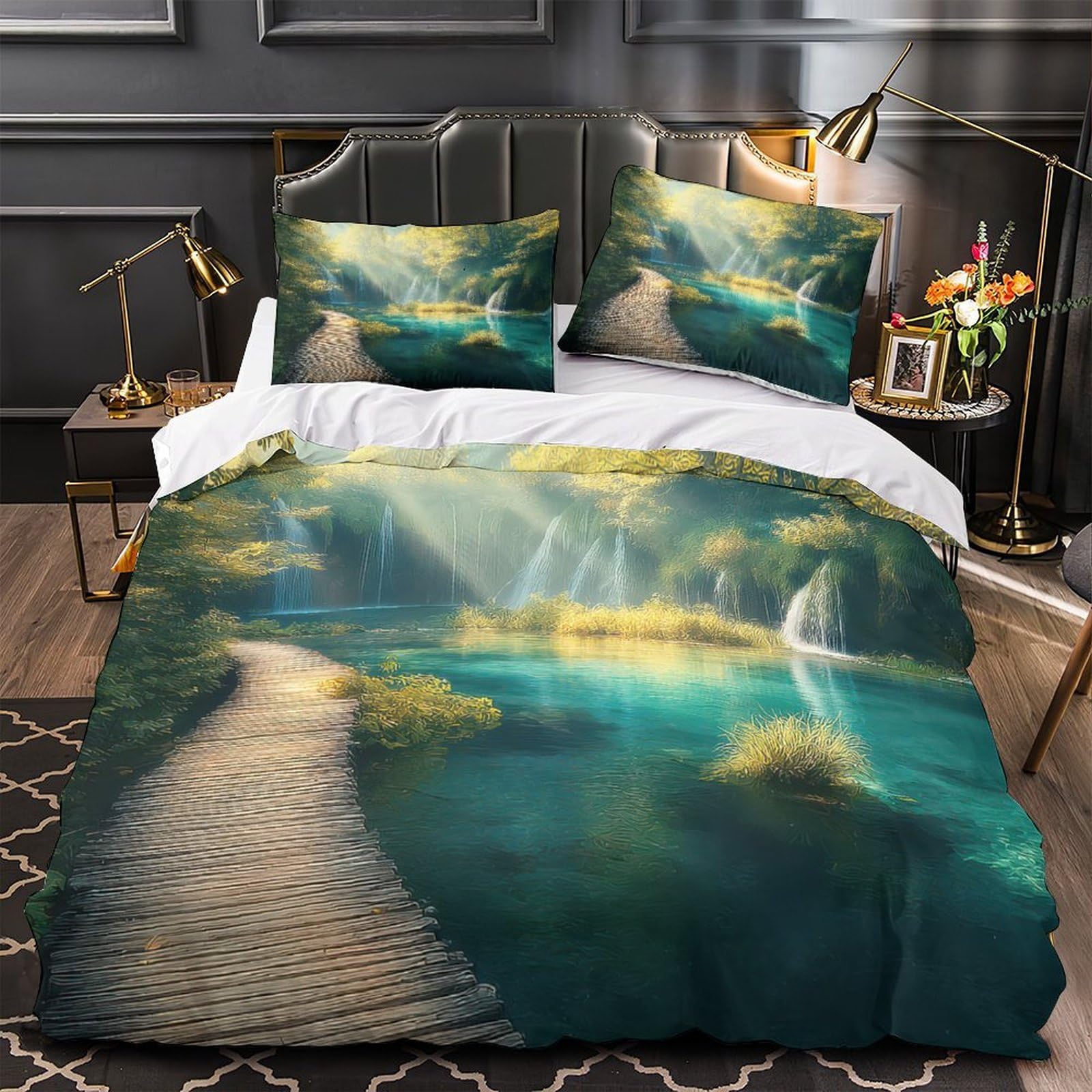 MMDASBVPE Forest Waterfall Quilt Cover 3D Design Printed Wrinkle-Resistant 3 Piece Bed Linen Zipper Duvet Cover Luxurious Anti-allergic for Adults Women Kids Youth Teens Girls Single（140x200cm）