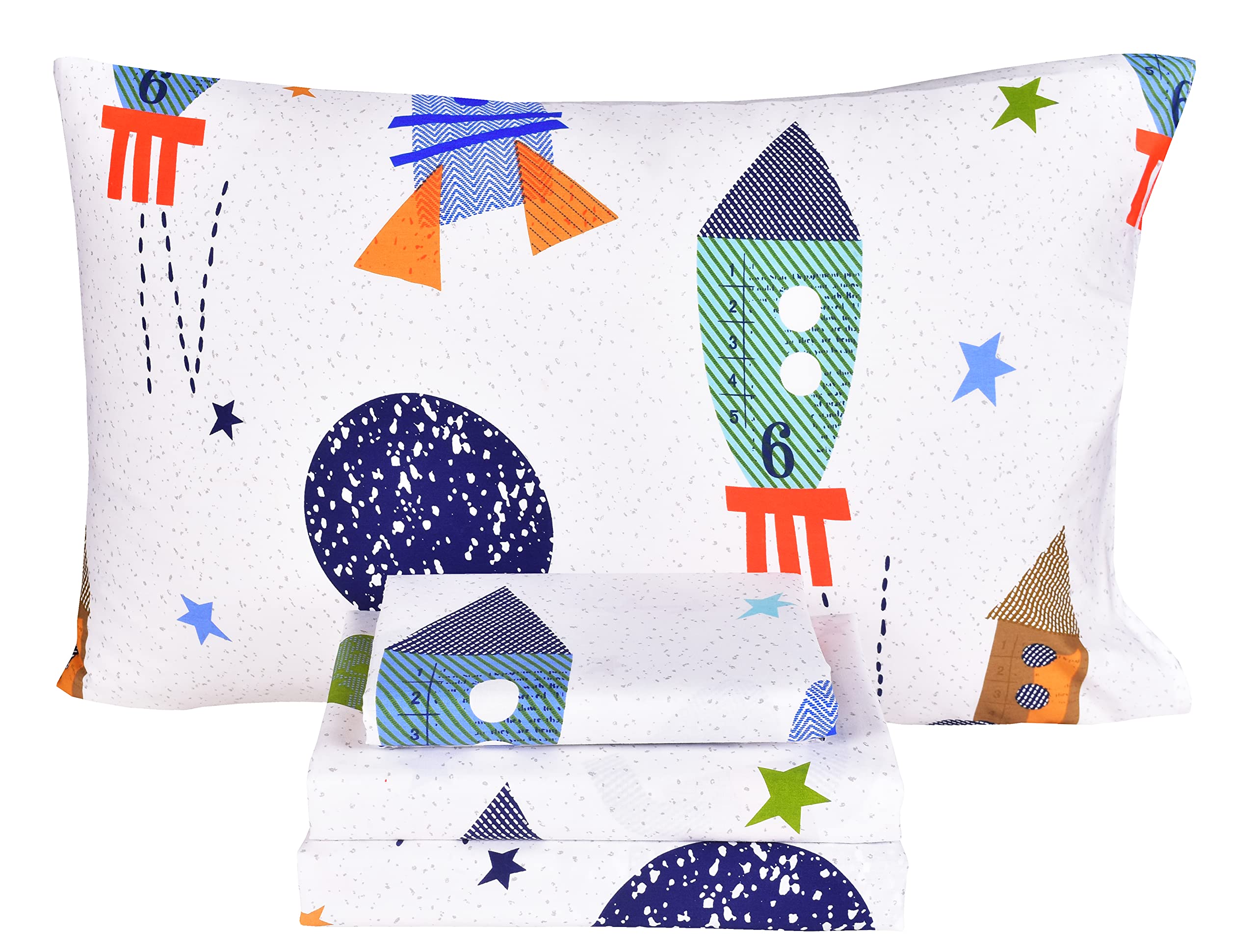 Scientific Sleep Outer Space Airship Rocket Star Explore Teen Boys Girls Cotton Cotton Full Bed Sheet Set, Flat Sheet &amp; Fitted Sheet &amp; Pillowcase Bedding Set (Space, Full)