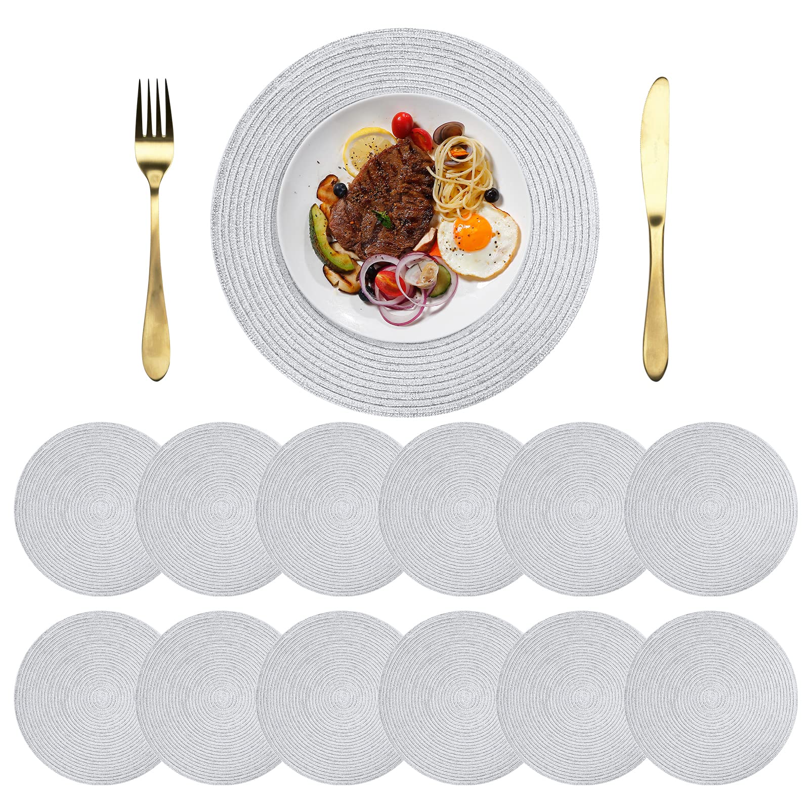 Tischsets Abwaschbar Rund Geflochten Silber Tischset 12er Set | 38cm Platzsets Abwischbar, Rutschfest, Hitzebeständig Schmutzabweisend Platzdeckchen für Hochzeit, Restaurant, Küche