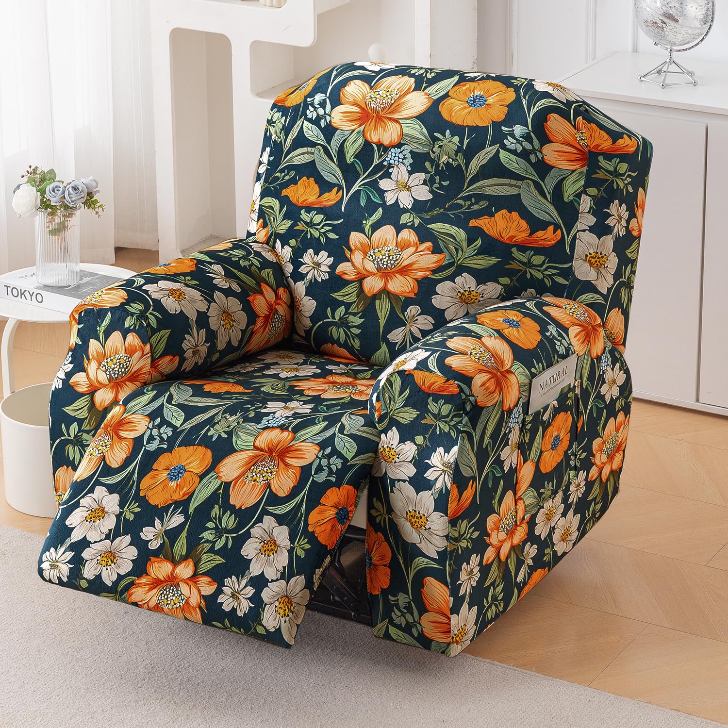 HOKIPO Premium Printed Velvet Recliner Sofa Cover – 1 Seater Stretchable Slipcover, Fully Covered, Teal Twilight Garden (AR-6285-D2)
