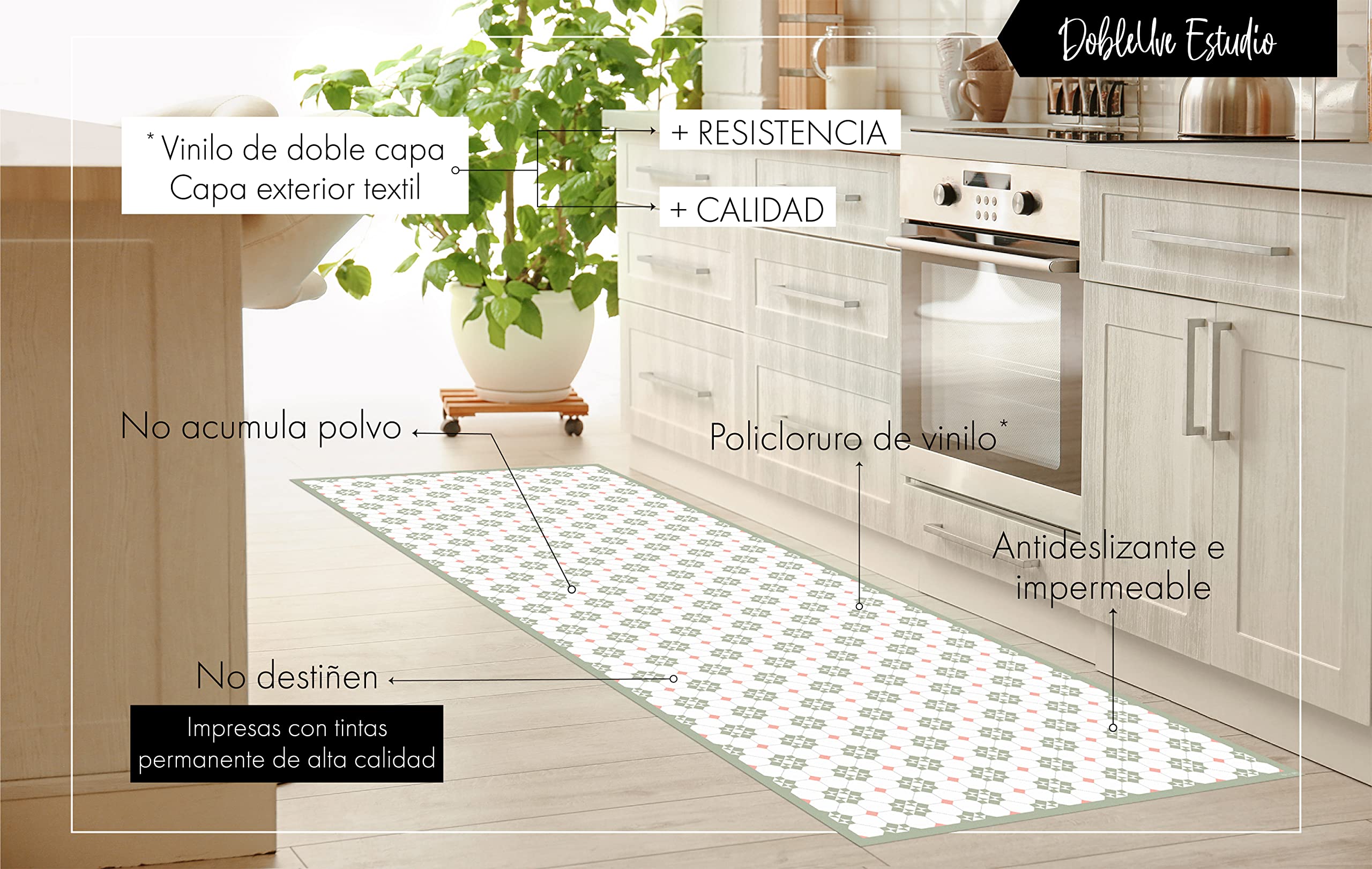 DobleUve Estudio Alfombra Vinílica Hidráulica 34 | Color Verde | 65x140 cm | Alfombra Cocina Lavable Antideslizante | Alfombra Vinilica | Suelo Vinílico | Alfombra Vinilo Salón