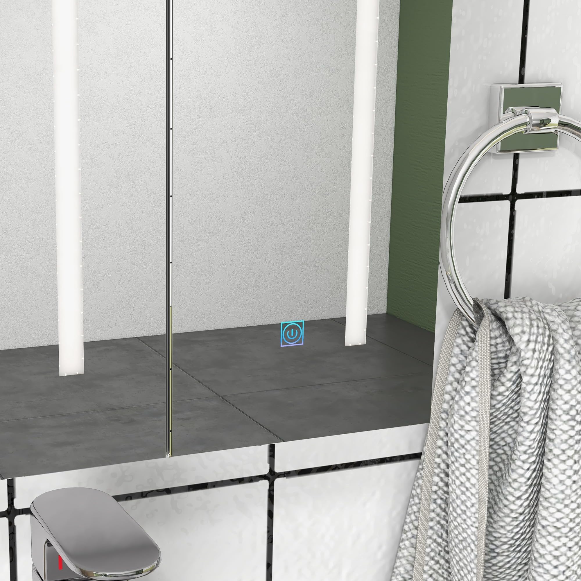 kleankin Armario con Espejo de Baño LED 90x15x70 cm Blanco Brillante | Mueble de Pared Colgante, 3 Puertas, Estantes Ajustables, Interruptor Táctil y USB